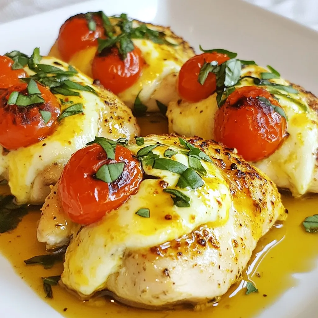 - 2 large chicken breasts - 1 cup cherry tomatoes, halved - 1 cup fresh mozzarella cheese, halved - ½ cup fresh basil leaves, chopped - 2 cloves garlic, minced - 2 tablespoons balsamic glaze - 2 tablespoons olive oil - Salt and pepper to taste - 1 teaspoon dried oregano - This dish has around 400 calories per serving. - Each serving contains about 40 grams of protein, 15 grams of carbs, and 20 grams of fat. - If you need an alternative for mozzarella, use goat cheese or feta. - For fresh basil, you can try parsley or spinach. - If you don’t have balsamic glaze, regular balsamic vinegar works well. {{ingredient_image_1}} - Preheating the oven: Start by setting your oven to 375°F (190°C). This helps the chicken cook evenly. - Preparing the stuffing mixture: In a medium bowl, mix 1 cup of halved cherry tomatoes, 1 cup of halved fresh mozzarella, ½ cup of chopped basil, and 2 cloves of minced garlic. Add 2 tablespoons of olive oil, 2 tablespoons of balsamic glaze, 1 teaspoon of dried oregano, and a pinch of salt and pepper. Stir until all the flavors blend well. - How to create a pocket in chicken breasts: Take 2 large chicken breasts and lay them flat. Carefully cut a pocket in each breast by slicing them horizontally. Be careful not to cut all the way through. You want to create a deep pocket for your stuffing. - Tips for even stuffing: Stuff each chicken breast with the mixture you made earlier. Divide the stuffing evenly. Use toothpicks or kitchen twine to close the openings, keeping the filling secure. - Cooking time and temperature: Place the stuffed chicken breasts in a baking dish. Bake them for 25-30 minutes. Ensure your oven stays at the same temperature. - Signs that the chicken is fully cooked: Check if the chicken reaches an internal temperature of 165°F (74°C). The juices should run clear when you cut into the chicken. To keep your chicken moist, always use a meat thermometer. This helps you know when it's done. Cook the chicken to 165°F (74°C) for safety. If you want more flavor, drizzle olive oil on the chicken before cooking. When securing the chicken, you can use toothpicks or kitchen twine. Toothpicks are quick and easy. Just remember to remove them before serving. Kitchen twine can hold the filling better, but it takes a bit longer to tie. Choose what works best for you! For serving, slice the chicken on a diagonal. This makes it look fancy and lets the filling show. Place it on a colorful plate for contrast. Add a salad or roasted veggies on the side for a complete meal. To garnish, sprinkle fresh basil on top. A drizzle of balsamic glaze adds a nice touch. This makes the dish pop with color and flavor. Avoid overstuffing the chicken. If you add too much filling, it may spill out while cooking. Aim for just enough to fill the pocket without bursting. To prevent undercooking, check the chicken’s internal temperature. If you cook it too long, the chicken can dry out. Always keep an eye on the time and use a thermometer for best results. Pro Tips Use Fresh Ingredients: The quality of tomatoes, mozzarella, and basil can significantly enhance the flavor of your dish, so opt for the freshest you can find. Don’t Overstuff: While it's tempting to fill the chicken breasts to the brim, overstuffing can cause the filling to spill out during cooking. Aim for a generous but manageable amount. Let It Rest: After baking, allow the chicken to rest for a few minutes. This helps the juices redistribute, ensuring a moist and flavorful bite. Experiment with Flavors: Feel free to add other ingredients like sun-dried tomatoes or pesto to the stuffing for a unique twist on the classic Caprese flavor. {{image_2}} You can easily change the flavors in Caprese stuffed chicken. Adding spinach or arugula gives a fresh twist. These greens add color and nutrients. You can mix them into the cheese and tomato filling. Using different types of cheese can also change the dish. Try using feta or goat cheese for a tangy flavor. You can even mix mozzarella with provolone for a richer taste. Each cheese brings its unique flair to the chicken. You can grill or bake your stuffed chicken. Grilling gives a smoky flavor. It also adds nice grill marks. Bake the chicken for a classic approach. Baking keeps the chicken juicy and tender. If you have an air fryer, it’s a great option too. Cook at 375°F for about 15-20 minutes. This method makes the chicken crispy outside while staying moist inside. Pair your Caprese stuffed chicken with fresh veggies or a crisp salad. Roasted asparagus or a side of garlic bread works great too. These sides balance the rich flavors of the chicken. To make it a full meal, serve it with pasta or quinoa. A light pasta with olive oil and herbs complements the dish well. Add a glass of white wine for a delightful dinner experience. To store leftovers, let the chicken cool first. Place it in an airtight container. This keeps the chicken fresh. You can store it in the fridge for up to three days. If you want to enjoy it later, make sure to use a good storage container. Glass or plastic containers with tight lids work best. For reheating, the oven is the best choice. Preheat your oven to 350°F (175°C). Place the chicken in a baking dish. Cover it with foil to keep moisture in. Heat for about 15 to 20 minutes. You can also use the microwave. Just cover the chicken and heat in short bursts. This helps maintain flavor and texture. Check it often to avoid overcooking. To freeze Caprese stuffed chicken, wrap each piece in plastic wrap. Then, place them in a freezer bag. Remove as much air as possible. You can freeze it for about three months. When ready to eat, thaw it in the fridge overnight. For reheating, use the oven method again for the best results. How do I know when the chicken is done? The chicken is done when it reaches 165°F (74°C) inside. Use a meat thermometer for best results. If you don’t have one, cut into the chicken. The juices should run clear, and the meat should no longer be pink. Can I make this ahead of time? Yes, you can make this dish ahead of time. Prepare the chicken and stuff it, then cover and refrigerate it. Bake it the next day for a quick meal. Is there a vegetarian version of this recipe? Yes, you can use portobello mushrooms instead of chicken. Stuff the mushrooms with the Caprese mixture. Bake them for a tasty vegetarian meal. What can I use instead of chicken breasts? You can use chicken thighs or even turkey breasts. Both will work well and add different flavors to the dish. Just adjust the cooking time as needed. What is the best way to ensure the chicken stays moist? To keep the chicken moist, do not overcook it. Use a meat thermometer to check the temperature. Brining the chicken briefly before cooking can also help lock in moisture. How many calories are in Caprese Stuffed Chicken Breast? One serving of Caprese Stuffed Chicken Breast has about 400 calories. This can vary based on the size of the chicken and how much cheese you use. This blog post covered the essentials for making Caprese Stuffed Chicken. We explored the tasty ingredients, including chicken, mozzarella, and fresh basil. I provided step-by-step instructions for preparation, stuffing, and baking. Remember tips to keep the chicken moist and avoid common mistakes. Variations for flavors and cooking methods can offer new ideas. Lastly, I shared helpful storage and reheating tips. With this knowledge, you can confidently create a delicious meal that impresses everyone. Enjoy your cooking and make this dish your own!