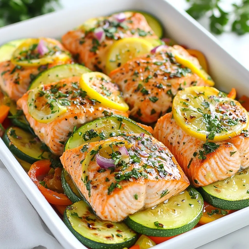 - 2 salmon fillets - 1 zucchini, sliced - 1 bell pepper, sliced - 1 small red onion, thinly sliced - 2 tablespoons olive oil - 2 cloves garlic, minced - Juice of 1 lemon - 1 teaspoon dried oregano - 1 teaspoon dried thyme - Salt and pepper to taste When making baked salmon foil packs, I love using fresh ingredients. The salmon fillets are the star of the show, providing rich flavor and healthy omega-3s. Zucchini, bell pepper, and red onion add color and crunch. The olive oil, garlic, and lemon juice make a tasty marinade that brings everything together. - Fresh parsley - Additional lemon slices For a finishing touch, I like to add fresh parsley. It adds a nice pop of color and flavor. Extra lemon slices can brighten each bite. You can use these garnishes to make your meal look even more appealing. {{ingredient_image_1}} - Preheat the oven to 375°F (190°C). - Cut two large pieces of aluminum foil, each about 12 inches long. First, you need to preheat your oven. This step helps cook the salmon evenly. While the oven heats, grab some aluminum foil. Cut two sheets, each about 12 inches long. This size will hold the salmon and veggies well. - Mixing the marinade - Assembling the foil packs - Baking time and temperature Now, let’s make a tasty marinade. In a small bowl, mix 2 tablespoons of olive oil, 2 minced garlic cloves, and the juice of 1 lemon. Add 1 teaspoon of dried oregano and 1 teaspoon of dried thyme. Don’t forget to add salt and pepper to taste. This mix adds great flavor! Next, it’s time to build the foil packs. Place one salmon fillet in the center of each foil piece. Surround the salmon with sliced zucchini, bell pepper, and red onion. Make sure to divide the veggies evenly between the two packs. Drizzle the olive oil mixture over everything. Fold the sides of the foil over the salmon and veggies. Seal the packets tightly to keep the steam inside. This helps cook the salmon perfectly. Place the foil packs on a baking sheet and put them in the oven. Bake for 20-25 minutes until the salmon flakes easily with a fork. - Tips for testing if salmon is cooked To check if your salmon is done, look for a few signs. The fish should be opaque and flake easily with a fork. If it's still pink in the center, give it a few more minutes. Use a fork to test gently. Your meal will be perfect when it’s fully cooked! For foil packs, the best types of salmon are wild-caught or farmed Atlantic salmon. They have a nice flavor and cook well in foil. Look for fillets that are bright in color and firm to touch. The skin should be shiny, and there shouldn’t be any strong fishy smell. To boost flavor, try marinating your salmon for at least 30 minutes. A mix of olive oil, lemon juice, garlic, and herbs is perfect. You can also add ingredients like cherry tomatoes or asparagus for extra taste. Fresh herbs like dill or basil add a nice touch too. When sealing your foil packs, fold the edges tightly to keep steam inside. This helps the salmon cook evenly. If your fillets are thicker, increase the cooking time by about 5 minutes. Always check for doneness. Salmon should flake easily with a fork when it’s done. Pro Tips Choose Fresh Salmon: Opt for wild-caught salmon if possible, as it has a richer flavor and better texture compared to farmed varieties. Customize Vegetables: Feel free to swap in your favorite vegetables like asparagus or cherry tomatoes for a personal touch and different flavors. Seal Tightly: Make sure to seal the foil packs tightly to keep the steam in, which helps cook the salmon evenly and keeps it moist. Rest Before Serving: Allow the foil packs to rest for a few minutes after baking; this helps the flavors meld together and makes for a juicier dish. {{image_2}} You can swap out the zucchini, bell pepper, and red onion for other veggies. Here are some tasty options: - Asparagus - Cherry tomatoes - Broccoli florets - Carrots, sliced - Green beans Mix and match these veggies to fit your taste. Each option adds a unique flavor and texture. To change up the taste, try different marinades and seasonings. Here are some ideas: - Teriyaki sauce for an Asian twist - Cajun seasoning for a spicy kick - Honey and mustard for a sweet touch - Lemon dill for a fresh flavor You can also add fresh herbs like basil or cilantro for extra zest. Feel free to use different proteins instead of salmon. Here are some great swaps: - Chicken breast for a lean option - Shrimp for a quick-cooking seafood choice - Tofu for a plant-based meal Adjust the cooking time based on your protein choice. Chicken and shrimp may need a bit longer, while tofu cooks faster. To store cooked salmon foil packs, let them cool first. Place them in airtight containers. You can also wrap them tightly in plastic wrap. Store the packs in the fridge for up to three days. Make sure to keep the veggies with the salmon to maintain flavor. When reheating, use the oven for best results. Preheat your oven to 350°F (175°C). Place the foil packs on a baking sheet. Warm them for about 10-15 minutes. This keeps the fish moist and tasty. You can also use a microwave. If you choose this method, place the salmon on a microwave-safe plate. Heat in short bursts of 30 seconds, checking often. This way, you avoid drying out the fish. You should bake salmon in foil for 20-25 minutes at 375°F (190°C). The baking time depends on the thickness of the salmon. If your fillets are thicker, you may need to add a few extra minutes. A good rule is to check for doneness when the salmon flakes easily with a fork. Yes, you can use parchment paper if you prefer. However, foil is better for sealing in steam. Parchment allows some steam to escape, which may affect cooking time. If you use parchment, ensure you fold the edges tightly to keep the moisture in. Baked salmon foil packs pair well with many sides. Here are some ideas: - Fluffy rice or quinoa - Steamed broccoli or green beans - A fresh garden salad - Roasted potatoes for a hearty touch These sides help soak up the tasty juices from the salmon. Enjoy your meal! Baking salmon in foil is simple and rewarding. You learned about key ingredients like fresh salmon and veggies. I shared a step-by-step guide to cook it perfectly. You also got tips on flavors and techniques to enhance your dish. Remember, experimenting with different vegetables and flavors keeps it exciting. Store leftovers properly to enjoy later. Now, your meal can shine at any dinner. Enjoy your delicious creations!