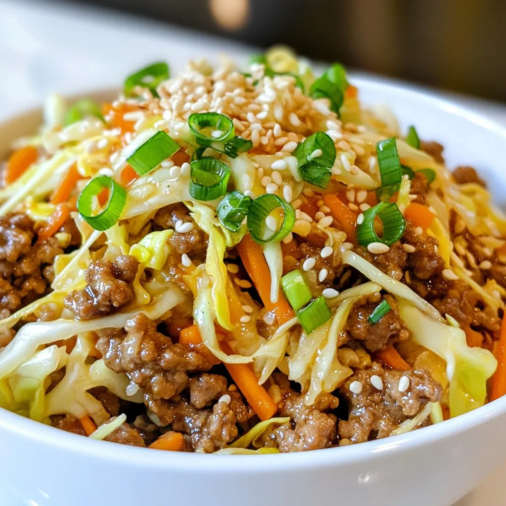 To make Egg Roll in a Bowl, you need simple, fresh ingredients. Here’s what you’ll gather: - 1 pound ground turkey (or chicken) - 1 tablespoon sesame oil - 4 cups coleslaw mix (shredded cabbage and carrots) - 3 green onions, sliced - 2 cloves garlic, minced - 1 tablespoon fresh ginger, minced - 1/4 cup low-sodium soy sauce - 1 tablespoon rice vinegar - 1 teaspoon sesame seeds (for garnish) - Salt and pepper to taste - Optional: Sriracha or chili sauce for a kick Each ingredient brings unique flavor and texture. Ground turkey or chicken adds protein. Sesame oil gives a nutty taste. The coleslaw mix provides crunch. Green onions add brightness, while garlic and ginger boost aroma. Soy sauce and rice vinegar create a balanced sauce. Don’t forget the sesame seeds for a finishing touch. If you like spice, add Sriracha or chili sauce. This meal is quick and easy. You can prepare it in about 20 minutes. That makes it perfect for busy nights. Gather these ingredients, and you’re ready to start cooking! {{ingredient_image_1}} - Heat 1 tablespoon of sesame oil in a large skillet over medium-high heat. - Add 1 pound of ground turkey or chicken. Cook for 5 to 7 minutes. Break it apart as it cooks. The meat should be brown and fully cooked. Season with salt and pepper. - Stir in 2 minced cloves of garlic and 1 tablespoon of minced fresh ginger. - Cook these for 1 to 2 minutes. You want the kitchen to smell amazing. - Add 4 cups of coleslaw mix to the skillet. Stir until everything is combined. - Pour in 1/4 cup of low-sodium soy sauce and 1 tablespoon of rice vinegar. Toss it all together. Cook for another 2 to 3 minutes. - Remove the skillet from the heat and stir in 3 sliced green onions. - Taste the dish and adjust the seasoning if needed. Add sriracha for some extra heat if you like. - Serve your dish hot. Garnish with sesame seeds and more green onions on top. When making Egg Roll in a Bowl, choose between a skillet and a wok. A skillet is great for smaller servings, while a wok offers more space. Using a wok helps with even cooking and keeps the flavors bright. Make sure to heat your pan before adding oil. This step helps the meat brown nicely. Stir often for even cooking and to prevent sticking. For bold flavors, use fresh spices over dried ones. Fresh garlic and ginger add vibrancy to your dish. You can also add Sriracha or chili sauce for heat. Start with a little, then add more if you want extra spice. This way, you can control the heat level to suit your taste. Prep your ingredients in advance to save time. Chop your veggies and mince your garlic and ginger beforehand. Store them in the fridge. Another tip is to make this dish in bulk. You can enjoy it throughout the week. Just reheat your portions in the microwave or on the stove. This method makes busy days much easier. Pro Tips Use Fresh Ingredients: Fresh garlic and ginger make a significant difference in flavor. Use them instead of powdered or jarred versions for the best taste. Customize Your Protein: Feel free to substitute ground turkey with ground beef, pork, or tofu for a vegetarian option. Adjust cooking times accordingly. Make It Spicy: If you enjoy heat, add sriracha or chili sauce during cooking for a flavorful kick that enhances the dish. Prep Ahead: You can prepare the coleslaw mix and chop the green onions in advance to save time during the cooking process. {{image_2}} You can change the meat in this dish to fit your taste. Ground beef or pork works well. They add a rich flavor that many love. Just cook it the same way as the turkey. If you prefer a plant-based meal, try tofu or tempeh. Crumble it like the meat and cook until warmed through. These options make the dish tasty and satisfying for everyone. Want a low-carb version? Swap the coleslaw mix for zucchini noodles. They give a fresh crunch and are low in carbs. You can spiralize the zucchini for extra fun! Another great choice is cauliflower rice. It soaks up the flavors and keeps the dish light. Both options are healthy and fill you up without the extra carbs. Feel free to get creative with your veggies. Add bell peppers, mushrooms, or snap peas for more color and taste. You can even throw in some baby corn or water chestnuts for a nice crunch. Adjust the spice level to your liking, too. If you want more heat, add Sriracha or chili flakes. For a milder dish, skip the spice or use less. These tweaks let you make this meal your own! To store leftovers, let your Egg Roll in a Bowl cool first. Once it cools, place it in an airtight container. Keep it in the fridge. It stays fresh for about three to four days. When you’re ready to eat, just reheat it in the microwave or on the stove. For freezing, use a freezer-safe container. This dish can last up to three months in the freezer. When you want to enjoy it, thaw it overnight in the fridge. Reheat it on the stove for best results. This keeps the flavors bright and fresh. Egg Roll in a Bowl pairs well with rice or quinoa. You can also serve it with some crispy wonton chips for extra crunch. If you have leftovers, you can make a delicious wrap. Just use lettuce leaves or tortillas to create a tasty meal. You can use several proteins in this dish. Ground chicken works well. You might also try ground beef or pork for a different flavor. If you want a vegetarian option, use tofu or tempeh. Chopped mushrooms can add texture, too. Each choice brings a unique taste to your Egg Roll in a Bowl. Egg Roll in a Bowl can last about 3 to 4 days in the fridge. Make sure to store it in an airtight container. This helps keep it fresh and tasty. If you notice any off smell or change in color, it's best to throw it away. Always check your food before eating. Yes, you can prepare this dish ahead of time. Cook it fully and let it cool. Then, store it in the fridge. You can also chop your veggies and meat in advance. Reheat it in a skillet or microwave before serving. This saves you time on busy days. Egg Roll in a Bowl is a healthy choice. It has lean protein from turkey or chicken. The coleslaw mix offers fiber and vitamins. Garlic and ginger add flavor and health benefits. Using low-sodium soy sauce keeps the sodium low. Overall, it's a tasty and nutritious meal option. This recipe for Egg Roll in a Bowl is simple and fun. You learned about key ingredients, step-by-step cooking tips, and variations. I shared how to store leftovers and answered common questions. Feel free to experiment with flavors and proteins. Remember, you can even prep in advance for busy days. This dish is versatile and packed with nutrients. Enjoy making your own version!