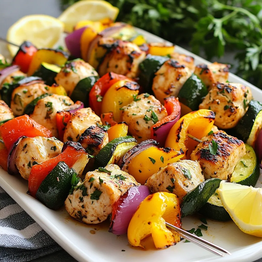 - 1.5 lbs chicken breast, cut into 1-inch cubes - 1 red bell pepper, cut into 1-inch pieces - 1 yellow bell pepper, cut into 1-inch pieces - 1 red onion, cut into wedges - 1 zucchini, sliced into half-moons - 3 tablespoons olive oil - 2 tablespoons lemon juice For this dish, I focus on chicken and fresh veggies. The chicken breast gives a tasty base. I love adding red and yellow bell peppers. They add sweetness and color. The red onion brings a nice bite, while zucchini adds a soft texture. Olive oil and lemon juice help blend the flavors and keep everything moist. - 3 cloves garlic, minced - 2 teaspoons dried oregano - 1 teaspoon paprika - 1 teaspoon cumin - Salt and pepper to taste The seasonings are key for flavor. Garlic infuses a rich taste. Oregano brings a hint of earthiness. Paprika adds warmth and a bit of smokiness. Cumin gives a unique touch. I always recommend adjusting salt and pepper to suit your taste. These seasonings make the chicken kabobs shine. - Skewers (wooden or metal) - Parchment paper for baking If you want to use skewers, wooden ones need soaking for 30 minutes. This helps prevent burning. Parchment paper makes cleanup easy. I love using it for roasting. It keeps the pan clean and allows for more even cooking. {{ingredient_image_1}} 1. Preheat the oven and prepare the baking sheet: Set your oven to 400°F (200°C). Line a baking sheet with parchment paper. This makes for easy cleanup later. 2. Make the marinade mixture: In a large bowl, mix together the olive oil, lemon juice, minced garlic, dried oregano, paprika, cumin, salt, and pepper. Stir until everything blends well. This marinade adds great flavor to the chicken. 1. Combine chicken with marinade: Add the 1.5 lbs of chicken breast cubes to the bowl. Toss the chicken in the marinade until each piece is covered. 2. Recommended marination time: Let the chicken sit in the marinade for at least 15 minutes. For more flavor, you can marinate it in the fridge for up to 2 hours. 1. Arranging chicken and vegetables on the baking sheet: Take the marinated chicken and arrange it on the parchment-lined baking sheet. Add the red and yellow bell peppers, red onion, and zucchini around the chicken. Spread them out in a single layer for even cooking. 2. Roasting time and technique: Place the baking sheet in the oven and roast for about 20-25 minutes. Flip the chicken and vegetables halfway through the cooking time. This helps everything cook evenly. The chicken should be fully cooked and reach an internal temperature of 165°F (74°C). 3. Instructions for broiling for extra char: For an extra char, turn on the broiler for 2-3 minutes at the end of cooking. Keep a close eye on it to prevent burning. This step adds a nice crisp to the kabobs. Now you have a delicious, easy meal ready to serve! To get the best flavor from your chicken, marinate it well. I like to use a mix of olive oil, lemon juice, garlic, and herbs. This blend adds a nice kick. For the tastiest chicken, marinate for at least 15 minutes. If you have more time, let it sit for up to 2 hours in the fridge. This longer marination gives the chicken a deeper flavor. When cooking, arrange the chicken and veggies in a single layer. This helps everything cook evenly. Flip them halfway through to avoid burning. Keep an eye on the cooking time. The chicken needs to reach an internal temperature of 165°F (74°C). A quick check with a meat thermometer ensures it’s done. This way, you avoid undercooked or dry chicken. Serving the kabobs is fun and easy. I recommend placing them on a large platter. A colorful display of chicken and veggies looks great. For garnish, sprinkle fresh parsley on top. Add lemon wedges on the side for a pop of color. This makes the dish look fresh and inviting. You’ll impress your guests with this simple touch. Pro Tips Marinate Longer for Flavor: For the best flavor, marinate the chicken for at least 2 hours in the refrigerator. The longer it marinates, the more flavorful it becomes. Cut Vegetables Uniformly: Ensure that all vegetables are cut into similar sizes to promote even cooking. This way, everything will be perfectly tender at the same time. Use High-Quality Olive Oil: Invest in a good quality olive oil for the marinade. A premium oil will enhance the flavor of the chicken and vegetables. Experiment with Seasonings: Feel free to experiment with different spices and herbs. Adding a pinch of chili flakes or fresh herbs can elevate the dish even further! {{image_2}} You can switch up the veggies in these kabobs. Try mushrooms or cherry tomatoes for fun flavors. You can also use other proteins. Shrimp or beef work great too. Just adjust cooking times to ensure everything cooks well. Want some heat? Add chili powder or diced jalapeños for a spicy kick. Fresh herbs like basil or thyme can also give new tastes. Consider using different sauces, like teriyaki or barbecue, to mix things up. If you have an air fryer, you can use it for these kabobs. Set it to 375°F and cook in batches for about 15 minutes. For grilling, soak wooden skewers first. Then, cook on medium heat, turning until the chicken is cooked through. These methods keep your kabobs juicy and full of flavor. To store leftovers in the refrigerator, let the kabobs cool first. Place them in an airtight container. This keeps them fresh and prevents odors from mixing. I find glass containers work best because they do not stain or hold smells. You can also use plastic containers if that's what you have. Just make sure they seal well. For long-term storage, you can freeze the kabobs. Wrap them tightly in plastic wrap and then place them in a freezer bag. This helps avoid freezer burn. When you want to eat them, thaw the kabobs in the fridge overnight before reheating. To reheat, place them in the oven at 350°F (175°C) for about 15-20 minutes. This keeps them juicy and warm throughout. In the fridge, the dish lasts about 3 to 4 days. If you freeze them, they can last for up to 3 months. Always check for any signs of spoilage before eating. If they smell off or look strange, it’s best to toss them. Keeping track of storage times helps ensure you enjoy your kabobs at their best! You can make chicken kabobs without skewers by using a sheet pan. This method is simple. Just marinate the chicken and vegetables as usual. Instead of threading them onto skewers, spread them out on a baking sheet. This way, the chicken and veggies roast evenly. You get all the great flavors without the fuss of skewers. Yes, you can prep kabobs ahead of time. Marinate the chicken and cut the veggies a few hours before cooking. Store them in the fridge until you're ready to bake. If you want to prep even earlier, marinate the chicken the night before. This makes dinner quick and easy. Just remember to let them sit at room temperature for about 15 minutes before cooking. Sheet pan chicken kabobs pair well with many sides. Here are some great options: - Rice or quinoa: They soak up the juices well. - Fresh salad: A simple green salad adds crunch. - Grilled corn: Sweet corn complements the flavors nicely. - Pita bread: Soft pita is perfect for dipping. These sides create a balanced meal that everyone will enjoy. This blog post walks you through making delicious chicken kabobs, highlighting main ingredients, seasonings, and cooking tips. I shared preparation steps, marination advice, and variations to suit your taste. Remember to experiment with different ingredients and cooking methods. Proper storage tips ensure your kabobs stay fresh, making them perfect for meal prep. By following these steps, you can enjoy flavorful kabobs that impress at any meal. Happy cooking!