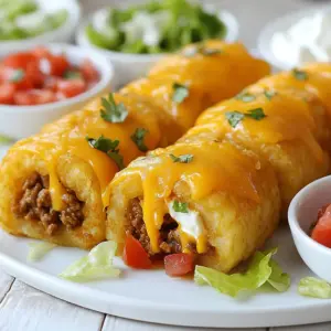 For Cheesy Tater Tot Burritos, you need to gather a few key ingredients. These items come together to create a tasty and satisfying meal. Here&rsquo;s your list: - Frozen tater tots - Shredded cheese - Ground beef or black beans - Sour cream - Lettuce and tomato - Salsa These ingredients work perfectly together. The tater tots add crunch, while the cheese brings creaminess. Ground beef gives a hearty touch, or you can use black beans for a great vegetarian option. Sour cream adds tang, and fresh lettuce and tomato provide a crisp bite. Finally, salsa brings the whole dish together with its zesty flavor. With these ingredients, you can make a dish that is not only easy but also fun to eat. You can adjust the amounts based on your needs. Want more crunch? Add extra tater tots! Prefer more spice? Go for a spicier salsa. Play around with these ingredients to make your perfect burrito. {{ingredient_image_1}} First, you need to preheat the oven. Set it to the temperature on the tater tots' bag. This is usually around 425&deg;F (220&deg;C). Next, spread the frozen tater tots on a baking sheet. Make sure they are in a single layer. Bake them for about 25 to 30 minutes. Check them halfway through. You want them golden and crispy. While the tater tots bake, prepare the filling. If you are using ground beef, cook it in a skillet over medium heat. If you prefer black beans, heat them in the skillet. Add taco seasoning, salt, and pepper to the meat or beans. Mix them well until heated through. This adds great flavor to your filling. Now, grab a large flour tortilla. Lay it flat on a clean surface. In the center, layer 4 to 5 crispy tater tots. Then, add a scoop of your seasoned meat or beans. Next, sprinkle some shredded cheese on top. Add a dollop of sour cream and a scoop of salsa. Finish with shredded lettuce and diced tomato. To fold the burrito, fold in the sides first. Then, roll it tightly from the bottom to the top. Repeat this for all the tortillas. To make them crispy, heat a small amount of cooking oil in a skillet over medium heat. Place the burritos seam-side down in the skillet. Cook them for 2 to 3 minutes until golden brown. Then, flip them and repeat on the other side. Once they are crispy and golden, remove them from the skillet. Let them cool a bit before slicing in half to serve. To get that perfect crunch on your burritos, use enough cooking oil. Oil helps them fry evenly and brown nicely. I recommend a light coating. When frying, keep the heat at medium. This way, the burritos cook through without burning. Flip them carefully after a few minutes. You want both sides to be golden and crisp. You can make your burritos even better with extra toppings. Try adding sliced jalape&ntilde;os for heat. Fresh cilantro adds a nice touch too. Avocado or guacamole brings creaminess. You can also sprinkle some lime juice for a zing. Feel free to mix and match your favorites. Prepping ingredients in advance saves time. You can cook the ground beef or beans the day before. Cut the veggies and store them in the fridge. This way, when you're ready to make the burritos, it&rsquo;s quick and easy. Keep your tater tots ready to bake too. Meal prep makes this fun dish even simpler to enjoy! Pro Tips Use Frozen Tater Tots: Frozen tater tots are a quick and easy way to add crunch to your burritos without the hassle of making them from scratch. Customize the Protein: Feel free to switch up the protein! Use chicken, turkey, or keep it vegetarian with beans or grilled vegetables for a different flavor profile. Layering is Key: When filling your burrito, make sure to layer the ingredients evenly to prevent any overflow and ensure every bite is delicious. Perfectly Crisp: For an extra crispy burrito, consider baking them in the oven for a few minutes after frying to help set the crunch. {{image_2}} You can easily make a vegetarian version of these burritos. Instead of using ground beef, try black beans. They add protein and flavor. Just heat the black beans in a skillet and season them with taco seasoning. You might also add other vegetable fillings. Consider corn, bell peppers, or spinach. These veggies give a nice crunch and color to your burrito. Cheesy tater tot burritos can have many flavors. Switch up the cheese for a fun twist. Go for pepper jack for a spicy kick or mozzarella for a milder taste. You can also mix in spices. Try adding chili powder or cumin to the meat or beans for more depth. These simple changes can take your burritos to a new level. How you serve your burritos can add to the fun. Pair them with different dips like guacamole or queso. You could also add sides like tortilla chips or a fresh salad. For a zesty touch, serve with lime wedges. These additions make your meal more exciting and enjoyable. To store leftover burritos, wrap each one in plastic wrap or foil. This keeps them fresh. Place the wrapped burritos in an airtight container. They will stay good for about 3 to 4 days in the fridge. If you want the best taste, eat them sooner rather than later. The best way to reheat burritos is in a skillet. Heat a small amount of oil over medium heat. Place the burrito seam-side down and cook for about 2 to 3 minutes. Flip it over and cook for another 2 to 3 minutes. This method helps keep the burrito crispy. You can also use the oven. Preheat it to 350&deg;F (175&deg;C), wrap the burrito in foil, and heat for 10 to 15 minutes. You can freeze both uncooked and cooked burritos. For uncooked burritos, wrap each one tightly in plastic wrap, then place them in a freezer bag. They can last up to 3 months. For cooked burritos, let them cool first. Then, wrap them in foil or plastic wrap. Store them in a freezer bag. They are best eaten within 1 to 2 months. Yes, you can! Cheddar cheese is classic, but other cheeses work well too. Try Monterey Jack for a mild flavor. Pepper Jack adds a nice kick. You can even use cream cheese for a rich, creamy taste. Mix and match cheeses for a unique twist. You have many options! Besides ground beef or black beans, try diced chicken or shrimp. For veggies, add saut&eacute;ed peppers, onions, or corn. You can also throw in some guacamole or black olives. The sky's the limit! Get creative with your favorite flavors. To make it gluten-free, swap flour tortillas for corn tortillas. Check labels to ensure they are certified gluten-free. You can also use lettuce wraps for a low-carb option. Enjoy the same great taste without the gluten! This blog post showed you how to make tasty burritos with frozen tater tots and ground beef or black beans. You learned about prepping ingredients, cooking steps, and perfecting your burrito's crunch. The tips also helped with meal prep and storage. Remember, you can customize your burritos with various fillings and cheese. Now, you have the tools to enjoy fun and easy meals. Start cooking, and let your taste buds guide you!