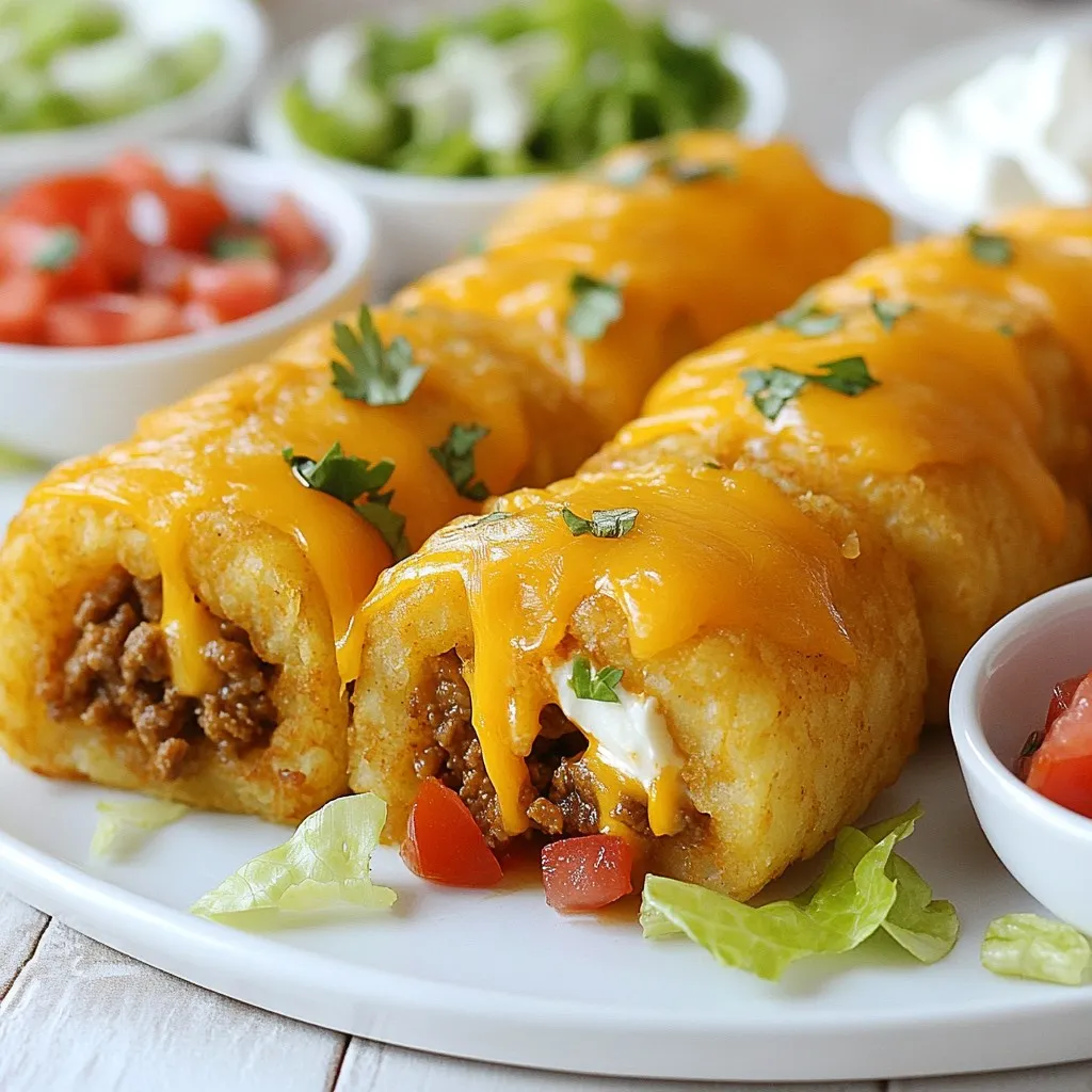 For Cheesy Tater Tot Burritos, you need to gather a few key ingredients. These items come together to create a tasty and satisfying meal. Here&rsquo;s your list: - Frozen tater tots - Shredded cheese - Ground beef or black beans - Sour cream - Lettuce and tomato - Salsa These ingredients work perfectly together. The tater tots add crunch, while the cheese brings creaminess. Ground beef gives a hearty touch, or you can use black beans for a great vegetarian option. Sour cream adds tang, and fresh lettuce and tomato provide a crisp bite. Finally, salsa brings the whole dish together with its zesty flavor. With these ingredients, you can make a dish that is not only easy but also fun to eat. You can adjust the amounts based on your needs. Want more crunch? Add extra tater tots! Prefer more spice? Go for a spicier salsa. Play around with these ingredients to make your perfect burrito. {{ingredient_image_1}} First, you need to preheat the oven. Set it to the temperature on the tater tots' bag. This is usually around 425&deg;F (220&deg;C). Next, spread the frozen tater tots on a baking sheet. Make sure they are in a single layer. Bake them for about 25 to 30 minutes. Check them halfway through. You want them golden and crispy. While the tater tots bake, prepare the filling. If you are using ground beef, cook it in a skillet over medium heat. If you prefer black beans, heat them in the skillet. Add taco seasoning, salt, and pepper to the meat or beans. Mix them well until heated through. This adds great flavor to your filling. Now, grab a large flour tortilla. Lay it flat on a clean surface. In the center, layer 4 to 5 crispy tater tots. Then, add a scoop of your seasoned meat or beans. Next, sprinkle some shredded cheese on top. Add a dollop of sour cream and a scoop of salsa. Finish with shredded lettuce and diced tomato. To fold the burrito, fold in the sides first. Then, roll it tightly from the bottom to the top. Repeat this for all the tortillas. To make them crispy, heat a small amount of cooking oil in a skillet over medium heat. Place the burritos seam-side down in the skillet. Cook them for 2 to 3 minutes until golden brown. Then, flip them and repeat on the other side. Once they are crispy and golden, remove them from the skillet. Let them cool a bit before slicing in half to serve. To get that perfect crunch on your burritos, use enough cooking oil. Oil helps them fry evenly and brown nicely. I recommend a light coating. When frying, keep the heat at medium. This way, the burritos cook through without burning. Flip them carefully after a few minutes. You want both sides to be golden and crisp. You can make your burritos even better with extra toppings. Try adding sliced jalape&ntilde;os for heat. Fresh cilantro adds a nice touch too. Avocado or guacamole brings creaminess. You can also sprinkle some lime juice for a zing. Feel free to mix and match your favorites. Prepping ingredients in advance saves time. You can cook the ground beef or beans the day before. Cut the veggies and store them in the fridge. This way, when you're ready to make the burritos, it&rsquo;s quick and easy. Keep your tater tots ready to bake too. Meal prep makes this fun dish even simpler to enjoy! Pro Tips Use Frozen Tater Tots: Frozen tater tots are a quick and easy way to add crunch to your burritos without the hassle of making them from scratch. Customize the Protein: Feel free to switch up the protein! Use chicken, turkey, or keep it vegetarian with beans or grilled vegetables for a different flavor profile. Layering is Key: When filling your burrito, make sure to layer the ingredients evenly to prevent any overflow and ensure every bite is delicious. Perfectly Crisp: For an extra crispy burrito, consider baking them in the oven for a few minutes after frying to help set the crunch. {{image_2}} You can easily make a vegetarian version of these burritos. Instead of using ground beef, try black beans. They add protein and flavor. Just heat the black beans in a skillet and season them with taco seasoning. You might also add other vegetable fillings. Consider corn, bell peppers, or spinach. These veggies give a nice crunch and color to your burrito. Cheesy tater tot burritos can have many flavors. Switch up the cheese for a fun twist. Go for pepper jack for a spicy kick or mozzarella for a milder taste. You can also mix in spices. Try adding chili powder or cumin to the meat or beans for more depth. These simple changes can take your burritos to a new level. How you serve your burritos can add to the fun. Pair them with different dips like guacamole or queso. You could also add sides like tortilla chips or a fresh salad. For a zesty touch, serve with lime wedges. These additions make your meal more exciting and enjoyable. To store leftover burritos, wrap each one in plastic wrap or foil. This keeps them fresh. Place the wrapped burritos in an airtight container. They will stay good for about 3 to 4 days in the fridge. If you want the best taste, eat them sooner rather than later. The best way to reheat burritos is in a skillet. Heat a small amount of oil over medium heat. Place the burrito seam-side down and cook for about 2 to 3 minutes. Flip it over and cook for another 2 to 3 minutes. This method helps keep the burrito crispy. You can also use the oven. Preheat it to 350&deg;F (175&deg;C), wrap the burrito in foil, and heat for 10 to 15 minutes. You can freeze both uncooked and cooked burritos. For uncooked burritos, wrap each one tightly in plastic wrap, then place them in a freezer bag. They can last up to 3 months. For cooked burritos, let them cool first. Then, wrap them in foil or plastic wrap. Store them in a freezer bag. They are best eaten within 1 to 2 months. Yes, you can! Cheddar cheese is classic, but other cheeses work well too. Try Monterey Jack for a mild flavor. Pepper Jack adds a nice kick. You can even use cream cheese for a rich, creamy taste. Mix and match cheeses for a unique twist. You have many options! Besides ground beef or black beans, try diced chicken or shrimp. For veggies, add saut&eacute;ed peppers, onions, or corn. You can also throw in some guacamole or black olives. The sky's the limit! Get creative with your favorite flavors. To make it gluten-free, swap flour tortillas for corn tortillas. Check labels to ensure they are certified gluten-free. You can also use lettuce wraps for a low-carb option. Enjoy the same great taste without the gluten! This blog post showed you how to make tasty burritos with frozen tater tots and ground beef or black beans. You learned about prepping ingredients, cooking steps, and perfecting your burrito's crunch. The tips also helped with meal prep and storage. Remember, you can customize your burritos with various fillings and cheese. Now, you have the tools to enjoy fun and easy meals. Start cooking, and let your taste buds guide you!
