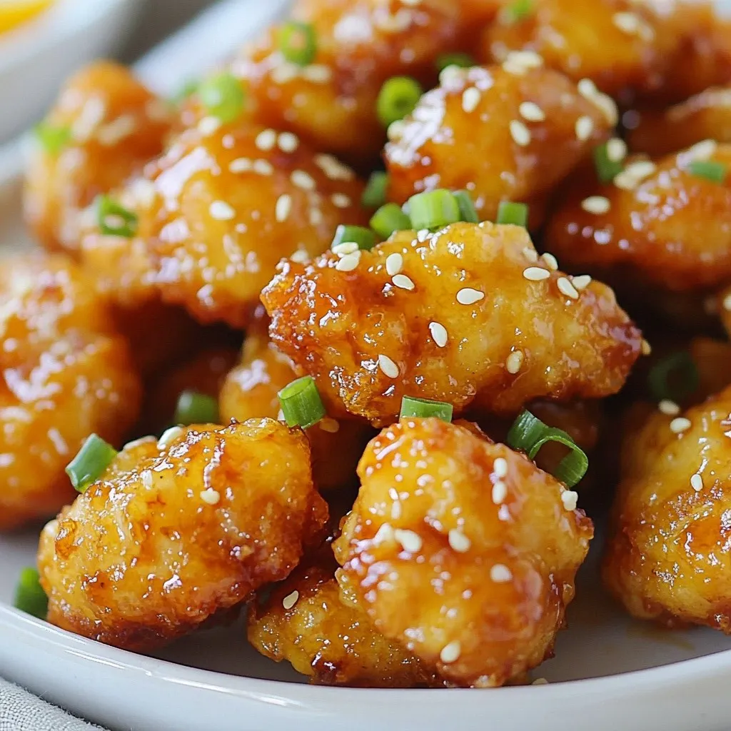 - 1 lb (450g) chicken breast, cut into bite-sized pieces - 1/2 cup cornstarch - 1 egg, whisked Chicken breast gives a great base for the dish. I cut it into small, bite-sized pieces for easy frying. Cornstarch helps create a crispy coating. The egg helps the cornstarch stick well to the chicken. - 1/4 cup orange juice, freshly squeezed - Zest of 1 orange - 2 tablespoons honey - 1 tablespoon soy sauce (low sodium) Orange juice and zest bring bright, fresh flavors. Honey adds sweetness, while soy sauce gives a nice salty touch. These flavors blend well to make the dish pop. - 1 teaspoon garlic powder - 1/2 teaspoon black pepper - 1 teaspoon paprika - 1 teaspoon grated ginger Garlic powder, black pepper, and paprika add depth to the chicken. Grated ginger gives a warm spice that enhances the orange flavor. Together, they make a tasty mix that you will love. {{ingredient_image_1}} To start, gather your chicken and cut it into bite-sized pieces. This helps ensure even cooking. In a bowl, mix 1/2 cup of cornstarch with 1/2 teaspoon of salt, 1/2 teaspoon of black pepper, 1 teaspoon of garlic powder, and 1 teaspoon of paprika. This dry mix adds great flavor. In another bowl, whisk 1 egg until it is frothy. Next, dip each chicken piece into the egg, then roll it in the cornstarch mix. Make sure each piece is well coated. This will give your chicken a nice crispy texture when cooking. Preheat your air fryer to 375°F (190°C). This step takes about 5 minutes. Once preheated, place the coated chicken bites in the air fryer basket. Make sure to place them in a single layer for even cooking. You might need to cook in batches if you have a lot. Air fry the chicken for 12 to 15 minutes. Shake the basket halfway through to ensure even cooking. Your chicken will be golden and crispy when done. While the chicken cooks, you can make the orange sauce. In a small saucepan over medium heat, combine 1/4 cup of freshly squeezed orange juice, the zest of 1 orange, 2 tablespoons of honey, 1 tablespoon of low-sodium soy sauce, 1 tablespoon of rice vinegar, and 1 teaspoon of grated ginger. Stir the mixture and let it simmer for about 3 to 5 minutes. This will thicken the sauce and blend the flavors nicely. Once the chicken is ready, pour the sauce over it in a large bowl and toss to coat evenly. To get those crispy orange chicken bites, start with your coating. Mix cornstarch, salt, black pepper, garlic powder, and paprika in one bowl. In another bowl, whisk the egg. Dip each chicken piece in the egg, then coat it well in the cornstarch mix. This double coating gives a crunch. When air frying, make sure to place the chicken in a single layer. If you stack them, they won’t crisp up as well. Shake the basket halfway through cooking. This helps the hot air circulate around the bites for even crispiness. To make a balanced sauce, taste it as you cook. You can adjust the sweetness by adding more honey or orange juice. If you prefer it tangier, add a splash more of rice vinegar. The key is to find the right blend of flavors. Simmer the sauce gently until it thickens. This helps all the flavors meld together. Once the chicken is cooked, pour the sauce over the bites and toss well to coat. These orange chicken bites shine when paired with simple side dishes. Serve them with steamed rice or quinoa for a filling meal. A light salad with greens and a citrus vinaigrette adds freshness. You can also serve them with steamed veggies, like broccoli or snap peas. For a fun twist, try them in lettuce wraps for a crunchy bite. Each option adds flavor and makes the meal more vibrant. Pro Tips Perfectly Crispy Chicken: For extra crunch, let the coated chicken pieces sit for 10 minutes before air frying. This helps the coating adhere better and become crispier. Batch Cooking: If cooking in batches, keep the first batch warm in a low oven (around 200°F or 95°C) while you finish the rest to ensure they all stay hot and crispy. Customizing the Sauce: Feel free to adjust the sweetness or tanginess of the sauce by adding more honey or vinegar to suit your taste preferences. Garnishing Tips: For added flavor, toast the sesame seeds before garnishing to enhance their nuttiness and aroma. {{image_2}} You can make these orange chicken bites even better by adding veggies. Bell peppers and broccoli work great. They add color and nutrients. Just chop them into bite-sized pieces. Toss them in with the chicken while cooking. This way, you get a tasty and healthy meal. Want to mix things up? Try different sauces! Sweet and sour sauce gives a nice twist. Teriyaki sauce adds a salty-sweet flavor that kids love. You can even blend sauces for new tastes. Just pour the sauce over the chicken after cooking. This will make it extra yummy. If you want a change, use different proteins. Tofu is great for a vegetarian option. It soaks up the sauce well and stays soft. Shrimp is another tasty choice. Just make sure to adjust the cooking time. Both options pair nicely with orange sauce, giving you more variety in your meals. Store leftover orange chicken bites in an airtight container. Make sure they cool to room temperature first. They will stay fresh in the fridge for up to three days. If you want to keep them longer, freezing is a better option. To reheat, use the air fryer for the best results. Set it to 350°F (175°C) and heat for about 5-7 minutes. This keeps the bites crispy. You can also use a microwave, but they may lose their crunch. If you choose the microwave, heat in short bursts and check frequently. To freeze, place the cooled chicken bites in a single layer on a baking sheet. Freeze them until solid, then transfer to a freezer bag. This prevents them from sticking together. They can last up to two months in the freezer. When ready to eat, thaw in the fridge overnight before reheating. Yes, you can use frozen chicken. Just make sure to thaw it first. To do this, leave the chicken in the fridge overnight. If you are in a hurry, submerge it in cold water for 1-2 hours. Once thawed, cut the chicken into bite-sized pieces. The rest of the steps are the same. You may need to increase cooking time by a few minutes. Always check if the chicken is done before serving. If you need a substitute for honey, you have options. Maple syrup works well and gives a nice flavor. Agave nectar is another choice that is sweeter. You can also use brown sugar mixed with a little water. This will mimic honey's sweetness. Just remember, these alternatives may change the taste a bit. To check if the chicken is cooked, use a meat thermometer. The internal temperature should reach 165°F (75°C). This ensures it is safe to eat. Also, look for golden brown color on the outside. The chicken should feel firm when you touch it. If you cut into a piece, the juices should run clear, not pink. This blog post covered a tasty air fryer chicken recipe. We discussed key ingredients like chicken, cornstarch, and flavorful additions such as orange juice and soy sauce. You learned step-by-step instructions for preparing the chicken, cooking it, and making a delicious orange sauce. To achieve that crispy texture, I offered tips on coating and air frying. You can also tweak the sauce and explore variations with vegetables or different proteins. Lastly, I provided storage guidelines to keep your meal fresh. Enjoy experimenting with this recipe and make it your own!