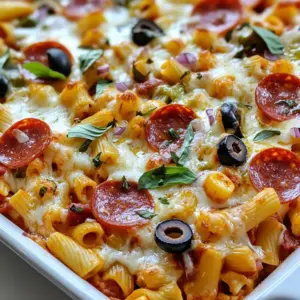 For a tasty pizza pasta bake, you need: - 12 oz penne pasta - 1 cup marinara sauce - 1 cup mozzarella cheese, shredded - 1 cup pepperoni slices - &frac12; cup green bell pepper, diced - &frac12; cup black olives, sliced - &frac14; cup red onion, diced - 1 teaspoon Italian seasoning - &frac12; teaspoon garlic powder - Salt and pepper to taste - Fresh basil leaves, for garnish These ingredients work together to create a rich and cheesy dish. The penne pasta acts as the base, soaking up all the flavors. The marinara sauce adds a nice tomato taste. Mozzarella cheese melts beautifully and gives that gooey texture we all love. You can customize your pizza pasta bake with extra toppings. Here are some fun ideas: - Cooked sausage for more meatiness - Mushrooms for an earthy flavor - Spinach for added greens - Jalape&ntilde;os for a spicy kick - Different cheeses like cheddar or parmesan Feel free to mix and match based on what you like. This way, every bake can be unique! Adding a few spices can enhance the taste of your pizza pasta bake. I recommend: - Italian seasoning for classic flavor - Garlic powder to add depth - Crushed red pepper for heat - Oregano for a fresh touch Using these seasonings can elevate your dish. They help create a well-rounded flavor profile. Don't hesitate to adjust the amounts to suit your taste. {{ingredient_image_1}} Start by preheating your oven to 375&deg;F (190&deg;C). While the oven warms, boil water in a pot. Add 12 ounces of penne pasta to the pot. Cook it until it is al dente, which takes about 8-10 minutes. Drain the pasta and set it aside. It is key to not overcook the pasta. It will bake more in the oven. Grab a large mixing bowl. Combine the cooked penne with 1 cup of marinara sauce. Next, add half of the shredded mozzarella cheese. Then, toss in 1 cup of pepperoni slices. Add in &frac12; cup of diced green bell pepper, &frac12; cup of sliced black olives, and &frac14; cup of diced red onion. For flavor, sprinkle in 1 teaspoon of Italian seasoning and &frac12; teaspoon of garlic powder. Finish with salt and pepper to taste. Stir everything together until the pasta is coated well. Now, transfer the pasta mix into a greased 9x13 inch baking dish. Spread it out evenly. Top the pasta with the remaining mozzarella cheese. Make sure to cover it well. Bake this in the oven for 25-30 minutes. Look for the cheese to be bubbly and golden brown. Once done, remove it from the oven and let it cool for a few minutes. Garnish with fresh basil leaves before serving. Enjoy your cheesy pizza pasta bake! To cook pasta just right, use plenty of water. Boil it before adding the penne. Follow the package time for al dente, which means firm to the bite. Keep an eye on it so it doesn&rsquo;t get mushy. After cooking, drain the pasta well. You want it dry for the bake. For a cheesy topping, use fresh mozzarella cheese. Shred it yourself for the best melt. Spread it evenly over the pasta to cover every bite. This ensures that each scoop has gooey cheese. You can also add more cheese if you're feeling adventurous. Try mixing in some cheddar for extra flavor. Layering is key to a great bake. Start with the pasta mixture at the bottom. Then, add half the cheese directly on top. Next, sprinkle on any extra toppings like pepperoni and veggies. Finally, finish with the rest of the cheese. This method locks in all the flavors and keeps everything moist. Pro Tips Cook Pasta Al Dente: Make sure to cook the penne pasta until just al dente, as it will continue to cook in the oven and absorb some of the sauce, preventing it from becoming mushy. Customize Your Toppings: Feel free to personalize your pizza pasta bake by adding your favorite toppings, such as diced bell peppers, mushrooms, or even cooked sausage for extra flavor. Use Fresh Ingredients: Whenever possible, opt for fresh vegetables and high-quality cheese to enhance the overall taste of your dish and achieve a richer flavor profile. Let It Rest: Allow the pasta bake to cool for a few minutes before serving. This helps the cheese set and makes it easier to cut into portions without falling apart. {{image_2}} You can easily make a vegetarian pizza pasta bake. Skip the pepperoni and add more veggies. Try using mushrooms, zucchini, or spinach. These options bring a fresh taste and color. You can also add artichokes or sun-dried tomatoes for extra flavor. Just mix them with the pasta and sauce as you normally would. For a gluten-free pizza pasta bake, use gluten-free penne pasta. Many brands offer great options that taste just as good. Check the package for the right cooking time. You can also use gluten-free marinara sauce. This makes it simple for those who avoid gluten. Cheese is key in a pizza pasta bake. While mozzarella is a classic choice, feel free to experiment. Try using provolone or gouda for a rich flavor. You can even mix cheeses for a unique taste. As for toppings, consider spicy sausage, bell peppers, or even fresh herbs. Each choice adds its own twist to this dish. To store your pizza pasta bake, let it cool first. Place the leftovers in an airtight container. You can keep it in the fridge for up to three days. If you want to enjoy it longer, freezing is a great option. When it's time to reheat, I recommend using the oven. Preheat your oven to 350&deg;F (175&deg;C). Place your pasta bake in an oven-safe dish. Cover it with foil to keep it moist. Heat for about 15-20 minutes, or until it's warm all the way through. If you're in a hurry, the microwave works too! Heat it in short bursts, stirring in between, until hot. To freeze, cut the pasta bake into portions. Wrap each piece tightly in plastic wrap. Then, place them in a freezer-safe bag or container. You can store it in the freezer for up to three months. When ready to eat, thaw it overnight in the fridge before reheating. This keeps the flavors fresh and tasty! Yes, you can make Pizza Pasta Bake ahead of time. Just follow the recipe steps until you get to the baking part. After mixing the pasta and sauce, cover the dish and store it in the fridge. You can keep it there for up to 24 hours. When you&rsquo;re ready to eat, bake it as usual. This makes it easy for busy days. If you want to change up the flavor, you can use different sauces. Try pizza sauce or Alfredo sauce for a creamy twist. You can also use pesto for a fresh taste. Just make sure the sauce you choose matches your toppings and spices. To add some heat, mix in red pepper flakes or hot sauce. You can also use spicy pepperoni or add jalape&ntilde;os. If you really love spice, consider using a spicier cheese, like pepper jack. Adjust the spice level to fit your taste! Pizza Pasta Bake combines tasty ingredients, easy steps, and fun variations. This dish is perfect for families or gatherings. You can mix in any toppings you love, and you'll enjoy cooking it with these tips. Remember, storing leftovers properly makes for quick meals later. Don't hesitate to try new spices or cheese options. Experiment and find what works best for you! Now, grab your ingredients and start creating your own pizza pasta bake masterpiece.