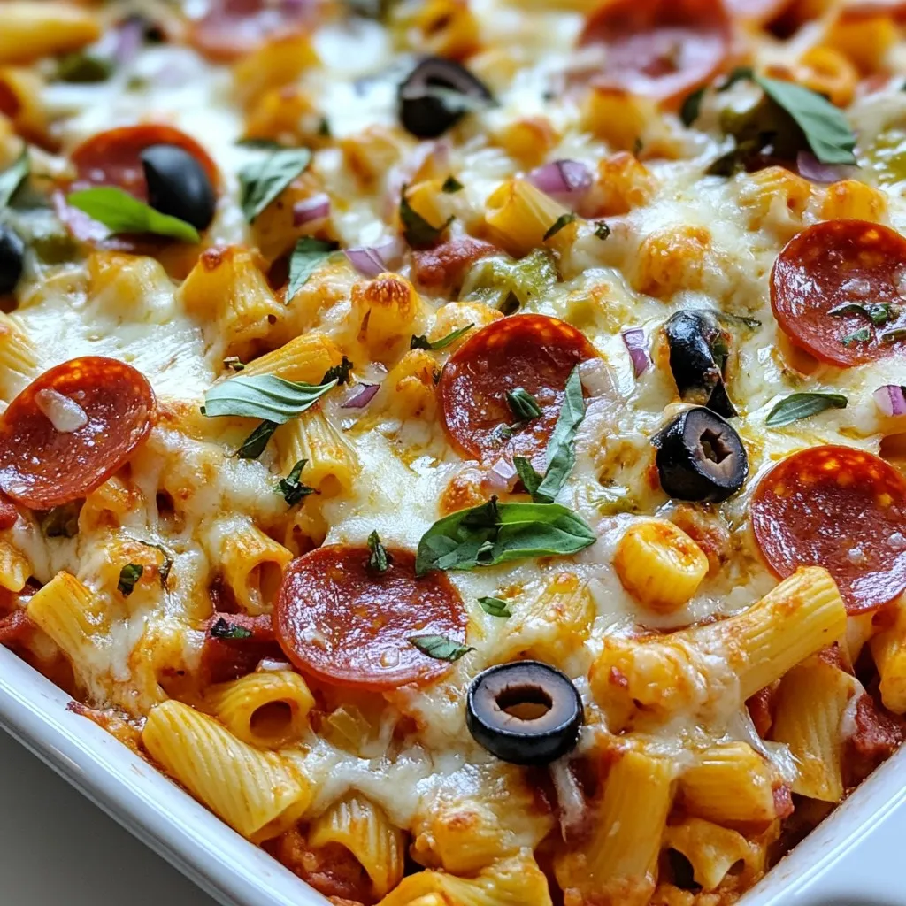 For a tasty pizza pasta bake, you need: - 12 oz penne pasta - 1 cup marinara sauce - 1 cup mozzarella cheese, shredded - 1 cup pepperoni slices - &frac12; cup green bell pepper, diced - &frac12; cup black olives, sliced - &frac14; cup red onion, diced - 1 teaspoon Italian seasoning - &frac12; teaspoon garlic powder - Salt and pepper to taste - Fresh basil leaves, for garnish These ingredients work together to create a rich and cheesy dish. The penne pasta acts as the base, soaking up all the flavors. The marinara sauce adds a nice tomato taste. Mozzarella cheese melts beautifully and gives that gooey texture we all love. You can customize your pizza pasta bake with extra toppings. Here are some fun ideas: - Cooked sausage for more meatiness - Mushrooms for an earthy flavor - Spinach for added greens - Jalape&ntilde;os for a spicy kick - Different cheeses like cheddar or parmesan Feel free to mix and match based on what you like. This way, every bake can be unique! Adding a few spices can enhance the taste of your pizza pasta bake. I recommend: - Italian seasoning for classic flavor - Garlic powder to add depth - Crushed red pepper for heat - Oregano for a fresh touch Using these seasonings can elevate your dish. They help create a well-rounded flavor profile. Don't hesitate to adjust the amounts to suit your taste. {{ingredient_image_1}} Start by preheating your oven to 375&deg;F (190&deg;C). While the oven warms, boil water in a pot. Add 12 ounces of penne pasta to the pot. Cook it until it is al dente, which takes about 8-10 minutes. Drain the pasta and set it aside. It is key to not overcook the pasta. It will bake more in the oven. Grab a large mixing bowl. Combine the cooked penne with 1 cup of marinara sauce. Next, add half of the shredded mozzarella cheese. Then, toss in 1 cup of pepperoni slices. Add in &frac12; cup of diced green bell pepper, &frac12; cup of sliced black olives, and &frac14; cup of diced red onion. For flavor, sprinkle in 1 teaspoon of Italian seasoning and &frac12; teaspoon of garlic powder. Finish with salt and pepper to taste. Stir everything together until the pasta is coated well. Now, transfer the pasta mix into a greased 9x13 inch baking dish. Spread it out evenly. Top the pasta with the remaining mozzarella cheese. Make sure to cover it well. Bake this in the oven for 25-30 minutes. Look for the cheese to be bubbly and golden brown. Once done, remove it from the oven and let it cool for a few minutes. Garnish with fresh basil leaves before serving. Enjoy your cheesy pizza pasta bake! To cook pasta just right, use plenty of water. Boil it before adding the penne. Follow the package time for al dente, which means firm to the bite. Keep an eye on it so it doesn&rsquo;t get mushy. After cooking, drain the pasta well. You want it dry for the bake. For a cheesy topping, use fresh mozzarella cheese. Shred it yourself for the best melt. Spread it evenly over the pasta to cover every bite. This ensures that each scoop has gooey cheese. You can also add more cheese if you're feeling adventurous. Try mixing in some cheddar for extra flavor. Layering is key to a great bake. Start with the pasta mixture at the bottom. Then, add half the cheese directly on top. Next, sprinkle on any extra toppings like pepperoni and veggies. Finally, finish with the rest of the cheese. This method locks in all the flavors and keeps everything moist. Pro Tips Cook Pasta Al Dente: Make sure to cook the penne pasta until just al dente, as it will continue to cook in the oven and absorb some of the sauce, preventing it from becoming mushy. Customize Your Toppings: Feel free to personalize your pizza pasta bake by adding your favorite toppings, such as diced bell peppers, mushrooms, or even cooked sausage for extra flavor. Use Fresh Ingredients: Whenever possible, opt for fresh vegetables and high-quality cheese to enhance the overall taste of your dish and achieve a richer flavor profile. Let It Rest: Allow the pasta bake to cool for a few minutes before serving. This helps the cheese set and makes it easier to cut into portions without falling apart. {{image_2}} You can easily make a vegetarian pizza pasta bake. Skip the pepperoni and add more veggies. Try using mushrooms, zucchini, or spinach. These options bring a fresh taste and color. You can also add artichokes or sun-dried tomatoes for extra flavor. Just mix them with the pasta and sauce as you normally would. For a gluten-free pizza pasta bake, use gluten-free penne pasta. Many brands offer great options that taste just as good. Check the package for the right cooking time. You can also use gluten-free marinara sauce. This makes it simple for those who avoid gluten. Cheese is key in a pizza pasta bake. While mozzarella is a classic choice, feel free to experiment. Try using provolone or gouda for a rich flavor. You can even mix cheeses for a unique taste. As for toppings, consider spicy sausage, bell peppers, or even fresh herbs. Each choice adds its own twist to this dish. To store your pizza pasta bake, let it cool first. Place the leftovers in an airtight container. You can keep it in the fridge for up to three days. If you want to enjoy it longer, freezing is a great option. When it's time to reheat, I recommend using the oven. Preheat your oven to 350&deg;F (175&deg;C). Place your pasta bake in an oven-safe dish. Cover it with foil to keep it moist. Heat for about 15-20 minutes, or until it's warm all the way through. If you're in a hurry, the microwave works too! Heat it in short bursts, stirring in between, until hot. To freeze, cut the pasta bake into portions. Wrap each piece tightly in plastic wrap. Then, place them in a freezer-safe bag or container. You can store it in the freezer for up to three months. When ready to eat, thaw it overnight in the fridge before reheating. This keeps the flavors fresh and tasty! Yes, you can make Pizza Pasta Bake ahead of time. Just follow the recipe steps until you get to the baking part. After mixing the pasta and sauce, cover the dish and store it in the fridge. You can keep it there for up to 24 hours. When you&rsquo;re ready to eat, bake it as usual. This makes it easy for busy days. If you want to change up the flavor, you can use different sauces. Try pizza sauce or Alfredo sauce for a creamy twist. You can also use pesto for a fresh taste. Just make sure the sauce you choose matches your toppings and spices. To add some heat, mix in red pepper flakes or hot sauce. You can also use spicy pepperoni or add jalape&ntilde;os. If you really love spice, consider using a spicier cheese, like pepper jack. Adjust the spice level to fit your taste! Pizza Pasta Bake combines tasty ingredients, easy steps, and fun variations. This dish is perfect for families or gatherings. You can mix in any toppings you love, and you'll enjoy cooking it with these tips. Remember, storing leftovers properly makes for quick meals later. Don't hesitate to try new spices or cheese options. Experiment and find what works best for you! Now, grab your ingredients and start creating your own pizza pasta bake masterpiece.