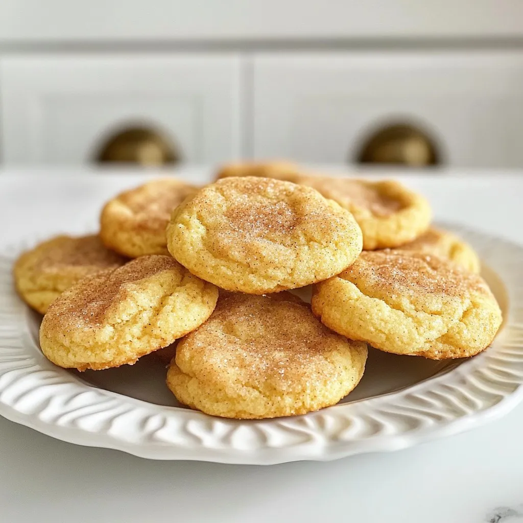To make soft and chewy snickerdoodle cookies, you need simple ingredients. Here’s what you’ll gather: - 1 cup unsalted butter, softened - 1 ½ cups granulated sugar - 2 large eggs - 1 teaspoon vanilla extract - 3 cups all-purpose flour - 2 teaspoons cream of tartar - 1 teaspoon baking soda - ½ teaspoon salt - ¼ cup granulated sugar (for rolling) - 2 tablespoons ground cinnamon (for rolling) These ingredients work together to create a dough that is rich and flavorful. The butter adds creaminess, while the sugar sweetens and helps the cookies rise. The eggs bind everything, making the dough smooth. Vanilla gives a lovely aroma. Using cream of tartar is key. It adds a tangy flavor and helps the cookies stay soft. Baking soda acts as a leavening agent, making your cookies puffy. The cinnamon-sugar mix brings warmth and that classic snickerdoodle taste. Gather these items before you start. This makes the baking process smooth and enjoyable. {{ingredient_image_1}} First, set your oven to 350°F (175°C). This helps cookies bake evenly. Next, grab a baking sheet. Line it with parchment paper. This step keeps cookies from sticking. It also makes cleanup easy. In a large bowl, add 1 cup of softened butter. Then, pour in 1 ½ cups of granulated sugar. Mix them together until they look light and fluffy. This may take about two minutes. Now, crack in 2 large eggs. Add 1 teaspoon of vanilla extract. Stir well after each egg. Make sure everything blends nicely. In a separate bowl, whisk together 3 cups of all-purpose flour, 2 teaspoons of cream of tartar, 1 teaspoon of baking soda, and ½ teaspoon of salt. Mix these dry ingredients well. Now, slowly add this dry mix to the wet ingredients. Stir gently until just combined. Do not overmix. This keeps your cookies soft. In a small bowl, mix ¼ cup of granulated sugar with 2 tablespoons of ground cinnamon. This will be your rolling mixture. Take a cookie scoop or tablespoon. Scoop out some dough and roll it into a ball. Roll each ball in the cinnamon-sugar mix until it is fully coated. This adds a sweet, spicy flavor to your cookies. Place the cookie dough balls on the prepared baking sheet. Make sure to space them about 2 inches apart. This gives them room to spread. Bake in the oven for 10-12 minutes. The edges should look set, and the tops should crack slightly. Remember, cookies will firm up while cooling. Let the cookies cool on the baking sheet for about 5 minutes. This helps them hold their shape. After that, move them to a wire rack to cool completely. For a fun touch, arrange the cookies on a nice platter. Dust some extra cinnamon sugar on top. Serve with a glass of milk for a delightful treat! To make your snickerdoodle cookies soft and chewy, start with room temperature butter. This helps the butter blend well with sugar. Cream the butter and sugar until fluffy. This adds air, making the cookies light. Use the right flour. All-purpose flour works best here. Mix the dry ingredients gently with the wet. Overmixing can make your cookies tough. After baking, let them cool on the sheet for a few minutes. They will set up nicely while cooling. One common mistake is using cold butter. This can lead to dense cookies. Another mistake is not measuring flour correctly. Too much flour can dry out your cookies. Avoid overbaking them. They might look done, but they will firm up as they cool. Skip the rolling step or use too little cinnamon sugar. This can result in bland cookies. Lastly, don’t skip the cream of tartar; it gives the snickerdoodles their classic taste. Use a scale for the best accuracy when measuring. If you don’t have a scale, spoon the flour into the measuring cup and level it off. Don’t scoop directly from the bag; this packs the flour. For sugar, use the scoop and level method as well. Make sure to pack brown sugar firmly, but not too tight. When measuring liquids, use a clear measuring cup for accuracy. Always check the measurements before mixing. This ensures your cookies will turn out perfectly every time. Pro Tips Chill the Dough: For even softer cookies, chill the dough for at least 30 minutes before baking. This helps the flavors meld and results in a chewier texture. Use Fresh Spices: Ensure your ground cinnamon is fresh for the best flavor. Old spices can lose potency and affect the taste of your cookies. Perfect Baking Time: Keep an eye on your cookies while they bake. They should be slightly underbaked when you take them out for that perfect chewy texture. Storage Tips: Store cookies in an airtight container at room temperature for up to a week. For longer freshness, freeze them in a single layer and then transfer to a freezer bag. {{image_2}} To make chocolate chip snickerdoodles, add 1 cup of chocolate chips to the dough. Mix them in after you combine the dry and wet ingredients. The chocolate adds a rich flavor that pairs well with the cinnamon. You will love the blend of sweet chocolate and warm spices. For a fall twist, try pumpkin spice snickerdoodles. Replace ½ cup of the butter with ½ cup of pumpkin puree. Add 1 teaspoon of pumpkin pie spice to the dry mix. This gives your cookies a cozy, autumn flavor. They will be soft and chewy, perfect for chilly days. To make gluten-free snickerdoodles, swap all-purpose flour with a gluten-free blend. Use a 1:1 blend for best results. Make sure it includes xanthan gum for the right texture. Follow the same steps in the recipe, and you will have delicious gluten-free cookies. Everyone can enjoy these tasty treats! To keep your snickerdoodle cookies fresh, use an airtight container. Place a piece of bread in the container. This helps to keep the cookies soft. Store the cookies at room temperature for up to a week. Avoid storing them in the fridge, as this can make them dry. You can freeze snickerdoodle cookies for longer storage. First, let the cookies cool completely. Then, place them in a single layer on a baking sheet. Freeze them for about an hour. After that, transfer the cookies to a freezer bag. Seal it tightly, removing as much air as possible. They will last for up to three months in the freezer. When you want to eat them, just thaw them at room temperature. Snickerdoodle cookies can last about a week at room temperature. If you freeze them, they can stay fresh for three months. To enjoy the best flavor and texture, eat them within that time. Snickerdoodle cookies get their soft and chewy texture from a few key ingredients. The cream of tartar helps create a light dough. It also gives a slight tang. The butter, when creamed well with sugar, adds moisture. This moisture keeps the cookies soft as they bake. Lastly, not overmixing the dough is crucial. Overmixing can make them dense. Yes, you can substitute some ingredients in snickerdoodle cookies. If you need to replace butter, use coconut oil or margarine. For eggs, you can use unsweetened applesauce or flaxseed meal mixed with water. You can swap all-purpose flour with a gluten-free blend. Just keep in mind that these changes may affect the texture and taste. To check if snickerdoodle cookies are done, look for golden edges. The tops should be slightly cracked. They will look set but still soft. Remember, these cookies continue to firm up as they cool. If they seem too soft, give them a minute more in the oven. Snickerdoodle cookies pair perfectly with a glass of milk. You can also serve them with hot cocoa or coffee. For a special touch, try adding a scoop of vanilla ice cream on the side. This makes a delightful dessert that everyone will enjoy! You now have a clear path to make perfect snickerdoodle cookies. We reviewed ingredients, steps, tips, and even variations. Remember, the right mix of soft butter and sugar creates a sweet base. Avoid common mistakes to ensure the best texture. Store your cookies well to keep them fresh. I hope you feel inspired to bake these delightful treats. Enjoy each bite of your snickerdoodles and share them with friends!