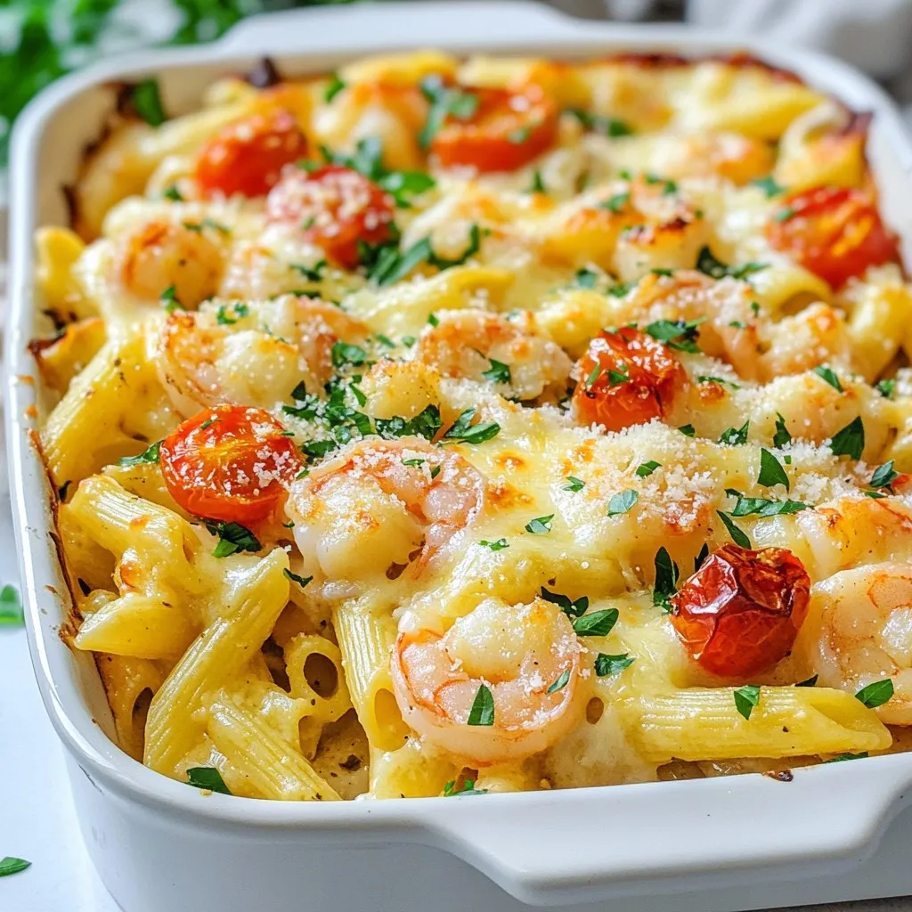 For this Shrimp Scampi Pasta Bake, you will need the following ingredients: - 8 oz penne pasta - 1 lb shrimp, peeled and deveined - 4 cloves garlic, minced - 1 cup cherry tomatoes, halved - 1/2 cup chicken broth - 1/4 cup lemon juice - 1/2 teaspoon red pepper flakes - 1 cup shredded mozzarella cheese - 1/4 cup grated Parmesan cheese - 2 tablespoons olive oil - Salt and pepper to taste - Fresh parsley, chopped (for garnish) To make this dish even better, consider these optional ingredients: - A splash of white wine for depth - Fresh basil or oregano for extra herbs - A squeeze of lime juice for zest - Sliced black olives for a salty bite These options can enhance the flavor and make your meal unique. Feel free to mix and match! If you don’t have some of these ingredients, here are some swaps you can use: - Penne Pasta: Use any small pasta shape like rotini or fusilli. - Shrimp: Substitute with cooked chicken or tofu for a different protein. - Chicken Broth: Vegetable broth works well for a lighter flavor. - Mozzarella Cheese: Try a different cheese, like cheddar or gouda, for a new taste. These substitutions keep the dish delicious while using what you have on hand. Adjust recipes to fit your pantry and taste! {{ingredient_image_1}} First, gather all your ingredients. You will need: - 8 oz penne pasta - 1 lb shrimp, peeled and deveined - 4 cloves garlic, minced - 1 cup cherry tomatoes, halved - 1/2 cup chicken broth - 1/4 cup lemon juice - 1/2 teaspoon red pepper flakes - 1 cup shredded mozzarella cheese - 1/4 cup grated Parmesan cheese - 2 tablespoons olive oil - Salt and pepper to taste - Fresh parsley, chopped (for garnish) Next, preheat your oven to 375°F (190°C). This step makes sure your dish bakes evenly later. Cook the penne pasta as the package says until it is al dente. Drain it and set it aside. Now, heat the olive oil in a large skillet over medium heat. Add the minced garlic and sauté it for about one minute. You want it to smell nice. Then, add the shrimp to the skillet. Cook the shrimp for 3 to 4 minutes until they turn pink and opaque. This means they are cooked. After that, stir in the halved cherry tomatoes, chicken broth, lemon juice, and red pepper flakes. Cook this mixture for another 2 minutes. Letting it cook lets the flavors mix well. In a large bowl, mix the cooked pasta with the shrimp mixture. Add salt and pepper to your taste. Make sure you mix it well so every bite is tasty. Transfer the pasta and shrimp mixture into a greased 9x13 inch baking dish. Spread it out evenly. Now, sprinkle the mozzarella and Parmesan cheese on top. This will melt and create a lovely cheesy layer. Put the dish in the preheated oven. Bake it for 20 to 25 minutes. You want the cheese to be bubbly and golden brown. Once it’s done, take it out of the oven and let it cool for a few minutes. Before serving, garnish with freshly chopped parsley. This adds a lovely touch and a pop of color. To cook shrimp just right, start with fresh or frozen shrimp. If using frozen, let them thaw first. Heat olive oil in your skillet. Add minced garlic and sauté for about one minute. Then, add the shrimp. Cook them for three to four minutes until they turn pink. This shows they are done. Overcooking can make shrimp tough. Always keep an eye on them. When cooking pasta, follow package instructions for timing. For penne, aim for al dente, which means firm to the bite. This helps the pasta hold its shape in the bake. Use plenty of water and add salt. This adds flavor to the pasta. Once cooked, drain the pasta and toss it with a little olive oil to prevent sticking. Serve your Shrimp Scampi Pasta Bake with a fresh salad. A simple green salad works well. You can also add crusty garlic bread for a delightful crunch. For drinks, try a chilled white wine or sparkling water with lemon. Both pair nicely with the dish's rich flavors. Garnish with chopped parsley for a fresh touch. This adds color and brightens the dish. Pro Tips Use Fresh Shrimp: For the best flavor and texture, opt for fresh shrimp instead of frozen. If using frozen, ensure they are completely thawed before cooking. Don’t Overcook the Pasta: Cook the penne pasta just until al dente, as it will continue to cook in the oven. This prevents the pasta from becoming mushy. Adjust the Spice Level: If you prefer a milder dish, reduce the amount of red pepper flakes or omit them entirely. For more heat, feel free to add extra! Garnish for Freshness: Always garnish the dish with fresh parsley just before serving to add a burst of color and freshness to the baked pasta. {{image_2}} You can easily make this dish vegetarian or vegan. Instead of shrimp, use mushrooms or eggplant. Both add great texture and soak up flavors well. For a vegan twist, swap chicken broth with vegetable broth. Also, replace cheese with a plant-based version. Nutritional yeast can add a cheesy taste without dairy. While penne works great, you can use any pasta you like. Shells, fusilli, or even spaghetti can fit well. Just make sure to adjust cooking time based on the pasta type. You want it to be al dente before baking. This helps keep it firm and tasty when mixed with the sauce. Herbs and spices can change the whole dish. Fresh basil or thyme adds lovely notes. If you want more heat, try adding cayenne pepper. For a zesty kick, mix in lemon zest or more lemon juice. You can also include capers for a salty burst. This dish is flexible. Feel free to experiment with flavors you love! To store leftovers, let the dish cool down first. Then, place it in an airtight container. This helps keep the shrimp scampi pasta bake fresh. You can store it in the fridge for up to three days. If you want to enjoy it later, freezing is a great option. To reheat shrimp scampi pasta bake, preheat your oven to 350°F (175°C). Place the leftover pasta bake in an oven-safe dish. Cover it with foil to keep it moist. Heat for about 15-20 minutes or until hot. You can also microwave it. Use a microwave-safe plate and heat in 1-minute intervals. Stir in between to heat evenly. If you want to freeze shrimp scampi pasta bake, do it before baking. Prepare the dish as directed but skip the baking step. Cover tightly with plastic wrap or foil. Store it in the freezer for up to three months. When ready to eat, thaw it overnight in the fridge. Bake as usual, and enjoy a delicious meal! Yes, you can prepare this dish ahead of time. Cook the pasta and shrimp mixture, then combine them. Place everything in a baking dish. Cover it tightly and store it in the fridge for up to 24 hours. When ready to serve, just bake it straight from the fridge. You might need to add a few extra minutes to the baking time. This pasta bake pairs well with simple sides. A fresh garden salad adds crunch and color. Garlic bread is a great option too. It soaks up the sauce and adds flavor. You might also enjoy some steamed broccoli or green beans. These veggies add a nice balance to the meal. You can tell shrimp is cooked when it turns pink and opaque. It should curl into a C shape. If it curls into an O shape, it might be overcooked. Cooking shrimp usually takes about 3-4 minutes on medium heat. Always check for any gray areas; those mean it's still raw. This blog post covered all you need to know about Shrimp Scampi Pasta Bake. We discussed the key ingredients, shared cooking steps, and provided tips for perfecting the dish. I also offered ideas for variations and how to store your leftovers. Whether you're a beginner or a seasoned cook, this dish is great for any meal. Use the information here to create a delicious, satisfying meal. Enjoy making it your own, and happy cooking!