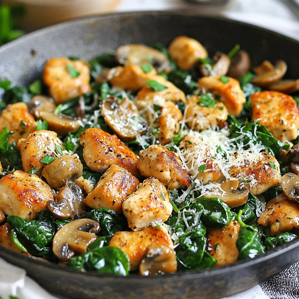 - 2 boneless chicken breasts, cut into bite-sized pieces - 2 cups fresh spinach, roughly chopped - 1 cup mushrooms, sliced (button or cremini) - 2 cloves garlic, minced - 1 medium onion, diced - 1 tablespoon olive oil - 1 teaspoon dried oregano - 1 teaspoon paprika - Salt and pepper to taste - ½ cup low-sodium chicken broth I love using fresh ingredients. They make a big difference in flavor. For this dish, chicken breasts work well. They cook quickly and stay juicy. Spinach adds color and nutrients. Mushrooms bring an earthy taste. Garlic and onion create a strong base. The spices like oregano and paprika give warmth. - ¼ cup grated Parmesan cheese (optional) - Fresh parsley for garnish Parmesan cheese adds a creamy touch. It melts nicely over the dish. Fresh parsley brings brightness and color. You can skip these, but they enhance the meal. - Large skillet - Sharp knife - Cutting board - Measuring spoons Having the right tools makes cooking easier. A large skillet holds all the ingredients well. A sharp knife helps with chopping. Use a cutting board to keep things tidy. Measuring spoons ensure you get the right amount of spices. {{ingredient_image_1}} Start by cutting the chicken breasts into small pieces. This helps them cook quickly. Next, chop the spinach roughly. You want nice, bite-sized bits. Slice the mushrooms thinly. Dice the onion into small pieces. Finally, mince the garlic. Having everything ready makes cooking easier and faster. Heat the olive oil in a large skillet over medium-high heat. Once hot, add the diced onion. Sauté it for about three minutes until it turns soft and clear. Then, add the minced garlic. Cook for one more minute until you smell that lovely aroma. Now, toss in the chicken pieces, oregano, paprika, salt, and pepper. Cook the chicken for five to seven minutes. Keep stirring until it turns golden brown and is fully cooked. After the chicken is done, add the sliced mushrooms. Cook them for about three to four minutes until they soften. Pour in the chicken broth and bring the mix to a simmer. Let it cook for two minutes so all the flavors mix well. Finally, stir in the chopped spinach. Cook for one to two minutes until it wilts. If you like cheese, sprinkle some grated Parmesan on top and let it melt. This adds a nice creamy touch to your dish. To cook chicken just right, start with even-sized pieces. Cut your chicken breasts into bite-sized bits. This helps them cook evenly. Heat olive oil in your skillet over medium-high heat. Add the chicken and let it sit for a moment. This gives it a nice brown color. Cook for about 5 to 7 minutes. Make sure it is no longer pink inside. Use a meat thermometer if you have one. The chicken should reach 165°F. To boost flavor, use fresh herbs like oregano and parsley. They add bright notes to the dish. Paprika gives a warm, smoky taste. Don’t skip the garlic; it brings depth to your meal. Adding chicken broth makes the dish juicy and rich. If you like cheese, sprinkle some grated Parmesan on top. It melts beautifully and adds creaminess. Season with salt and pepper to make the flavors pop. Serve your skillet dish right in the pan for a rustic look. It makes the meal feel warm and inviting. A sprinkle of fresh parsley adds color and freshness. Pair it with crusty bread to soak up the tasty juices. You can also serve it over quinoa or rice for added texture. This makes the meal hearty and filling. Enjoy your delicious creation with family or friends! Pro Tips Use Fresh Ingredients: Fresh spinach and mushrooms will enhance the flavor and texture of your dish compared to canned or frozen varieties. Cook Chicken in Batches: If your skillet is crowded, cook the chicken in batches to ensure it browns evenly and cooks through properly. Add a Splash of Lemon: A squeeze of lemon juice just before serving brightens the flavors and adds a refreshing touch to the dish. Experiment with Cheese: Try different cheeses like feta or mozzarella for a unique twist instead of Parmesan, enhancing the flavor profile. {{image_2}} You can swap chicken for other proteins. Try turkey or shrimp for a twist. Tofu is a great choice for a plant-based option. Each protein brings its own flavor and texture. Adjust cooking times as needed. For example, shrimp cooks faster than chicken. To make a vegetarian version, skip the chicken. Use firm tofu or tempeh instead. Cube the tofu and sauté it until golden. The mushrooms will add a nice taste. You can add more veggies like bell peppers or zucchini. This keeps the dish colorful and healthy. Boost nutrition with add-ins. Try adding a cup of chickpeas for protein and fiber. You can also toss in some cherry tomatoes for sweetness. Carrots or bell peppers add crunch and vitamins. Don't forget to add nuts like walnuts for a nice texture. These tweaks will make your meal more filling and tasty. After you enjoy your Chicken Spinach Mushroom Skillet, let it cool. Transfer leftovers to an airtight container. I recommend using glass containers for better storage. Store it in the fridge. It will stay fresh for about 3 to 4 days. If you want to keep it longer, consider freezing. To reheat, I suggest using a skillet. Heat it over medium heat. Add a splash of chicken broth to keep it moist. Stir occasionally until it heats through. You can also use the microwave. Place it in a microwave-safe dish and cover it. Heat in short bursts, stirring in between, until hot. If you plan to freeze, pack the skillet in a freezer-safe container. Make sure to leave some space at the top. This lets the food expand as it freezes. It can last for about 2 to 3 months in the freezer. To defrost, move it to the fridge overnight. Then reheat as mentioned above. Yes, you can use frozen spinach. It is a great alternative. Just thaw and drain it well before adding it to the skillet. This helps avoid extra water in your dish. Remember, frozen spinach cooks faster than fresh, so add it toward the end. This way, it warms up without overcooking. To check if the chicken is done, cut a piece open. The inside should be white, not pink. Alternatively, you can use a meat thermometer. The chicken needs to reach an internal temperature of 165°F (75°C). This ensures it is safe to eat. Always check thick pieces for doneness. This dish pairs well with many sides. You can serve it with crusty bread to soak up the juices. Quinoa or rice also works great for added texture. A fresh salad adds crunch and balance. Consider roasted veggies for more flavor and nutrition. Yes, you can prepare this dish a day ahead. Cook it fully, then cool it down and store it in the fridge. When ready to eat, reheat it gently on the stove or in the microwave. Add a splash of broth if it seems dry. This makes for a quick and easy meal later. This blog post covered all you need for a Chicken Spinach Mushroom Skillet. We explored key ingredients, cooking steps, and tips for great flavor. I shared fun variations and storage tips to keep your meals fresh. Remember, you can customize this dish to suit your taste. Enjoy testing different proteins, add-ins, and servings. Cooking can be fun and simple! Now, go create your delicious skillet dish, and happy cooking!