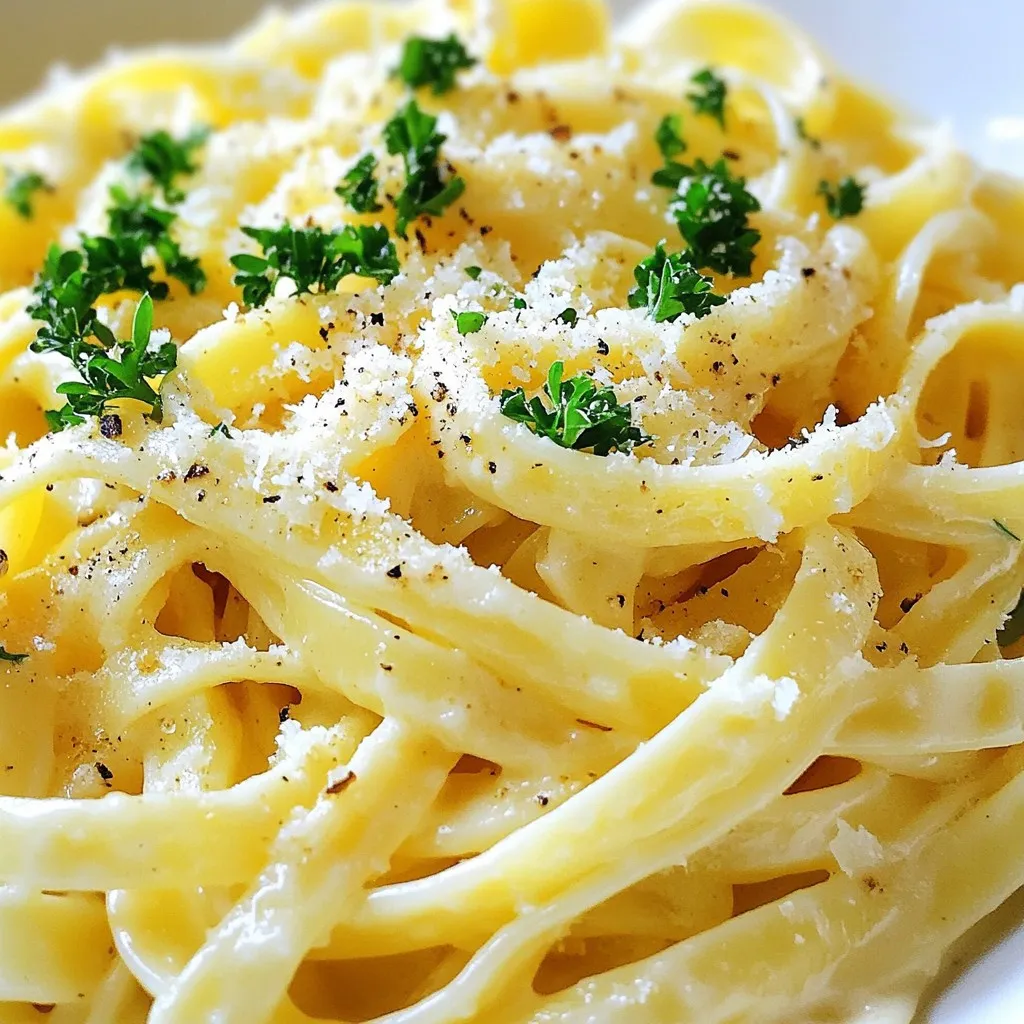 - 12 oz fettuccine or spaghetti pasta - 4 tablespoons unsalted butter - 6 cloves garlic, minced - 1 cup heavy cream - 1 cup grated Parmesan cheese - 1/2 teaspoon red pepper flakes - Fresh parsley, chopped - Zest of 1 lemon - Salt and black pepper to taste When cooking for different servings, adjust the pasta. Use 3 oz per person. For cheese, try mozzarella or pecorino. If you need gluten-free options, choose rice or corn pasta. These keep the dish tasty and safe for all diets. {{ingredient_image_1}} To start, fill a large pot with water. Bring it to a boil. You need to add salt to the water. This helps flavor the pasta. Use about 1 tablespoon of salt for every 4 quarts of water. Next, add your fettuccine or spaghetti. Cook it according to the package instructions. Aim for al dente pasta, which means it should be firm but not hard. This usually takes about 8-10 minutes. Before you drain the pasta, remember to reserve 1 cup of pasta water. This water will help make the sauce creamy later. Drain the rest of the water and set the pasta aside. In a large skillet, melt 4 tablespoons of unsalted butter over medium heat. Once it melts, add 6 cloves of minced garlic. Sauté the garlic for about 1-2 minutes. You want it to be fragrant and slightly golden. Be careful not to let it burn, as burnt garlic can taste bitter. Now, slowly pour in 1 cup of heavy cream. Stir well to combine. Let it simmer for about 3-5 minutes. This helps the sauce thicken a bit. Next, gradually whisk in 1 cup of grated Parmesan cheese. Keep stirring until the cheese melts and the sauce is smooth. If the sauce gets too thick, add a little of that reserved pasta water. This will help get the right consistency. Once your sauce is ready, it’s time to mix it with the pasta. Add the drained pasta to the skillet with the sauce. Toss it well to coat the pasta evenly. If the sauce seems too thick, add more reserved pasta water until it looks just right. Finally, add salt, black pepper, and any red pepper flakes if you like a bit of heat. Make sure everything is well seasoned and mixed. Heat for another minute, then it's ready to serve! Using fresh garlic makes a big difference. Fresh garlic gives a strong and bright taste. Jarred garlic lacks the same punch. Always choose fresh for the best flavor. Adding herbs makes your dish pop. Fresh parsley or basil adds a nice touch. You can also try thyme or oregano. These herbs pair well with garlic and cheese. Want some heat? Use red pepper flakes. They add spice without overpowering. Start with a small amount and taste as you go. To make a creamy sauce, use low heat. High heat can make the cream separate. Stir often to blend the ingredients well. This ensures a smooth and rich sauce. Be careful with garlic. Burnt garlic tastes bitter. Sauté it until golden but not dark brown. This step is key for the best flavor. For perfect pasta texture, cook until al dente. This means it should be firm to the bite. Remember to reserve some pasta water. It helps adjust the sauce later. Garnish with fresh parsley. It adds color and freshness to your dish. A sprinkle on top makes the pasta look inviting. For a beautiful plate, use a large bowl. Twirl the pasta in the center and let it shine. You can also add extra cheese on top for a nice touch. A sprinkle of lemon zest can brighten the dish. It adds a fresh and zesty note. Just a little goes a long way in enhancing flavor. Pro Tips Use Fresh Garlic: For the best flavor, use fresh garlic instead of pre-minced garlic. Fresh garlic has a stronger aroma and taste that enhances the dish. Reserve Pasta Water: Always reserve some pasta water before draining. This starchy water can be used to adjust the sauce's consistency and help it cling to the pasta. Adjust Spice Level: If you prefer a milder dish, reduce or omit the red pepper flakes. Conversely, if you love heat, feel free to add more! Garnish Generously: Don't skip the fresh parsley and extra Parmesan for garnish. They add color and additional flavor that elevates the presentation and taste. {{image_2}} Adding protein to your Garlic Parmesan Pasta can make it heartier. Here are some easy options: - Grilled Chicken: Slice cooked chicken and mix it in for a tasty twist. The chicken adds texture and keeps the dish filling. - Incorporating Shrimp or Seafood: Cook shrimp in the sauce for a rich flavor. You can also add scallops or crab for something special. - Vegetarian Options with Mushrooms: Sauté mushrooms in butter for a savory touch. They add depth and flavor without meat. Veggies can brighten your Garlic Parmesan Pasta. Consider these additions: - Spinach or Kale: Stir in fresh spinach or kale for a healthy boost. They cook down nicely and add color. - Roasted Tomatoes or Bell Peppers: Toss in roasted tomatoes or bell peppers for a sweet touch. Their natural sugars enhance the dish. - Broccoli or Peas: Add steamed broccoli or peas for crunch. Both veggies pair well with the creamy sauce. Changing up the flavors can create a new experience. Here are some ideas: - Adding Different Cheeses: Try gouda, mozzarella, or even feta for a unique taste. Each cheese brings its own flair. - Using a Different Type of Pasta: Penne or rigatoni can give different shapes and textures. Both hold sauce well. - Infusing with Lemon or Basil: A little lemon zest brightens the dish. Fresh basil adds a fragrant note that elevates the flavors. To store Garlic Parmesan Pasta, let it cool down first. Place it in an airtight container. This keeps moisture in and prevents the pasta from drying out. Glass or plastic containers work well. Make sure to seal it tightly. This method will keep your pasta fresh for a few days. You can freeze Garlic Parmesan Pasta for later use. First, let it cool completely. Then, transfer the pasta to a freezer-safe bag or container. Remove as much air as possible. Label the bag with the date. To reheat, thaw it in the fridge overnight. Then, heat it gently in a pan. Add a splash of cream or water to restore creaminess. Refrigerated leftovers last for about 3 to 5 days. Check for signs of spoilage before eating. Look for a sour smell or mold on the pasta. If you see any, throw it away. Always trust your senses; they guide you well in the kitchen. Can I make Garlic Parmesan Pasta ahead of time? Yes, you can make Garlic Parmesan Pasta ahead of time. Cook the pasta and sauce separately. Store each in a container in the fridge. When you want to serve it, just heat both and mix them together. How can I make it dairy-free? To make this dish dairy-free, swap heavy cream for coconut cream. Use nutritional yeast instead of Parmesan. This gives a cheesy flavor without dairy. What to serve with Garlic Parmesan Pasta? Garlic Parmesan Pasta pairs well with a fresh salad or grilled vegetables. You can also serve it with garlic bread. The bread helps to soak up the creamy sauce. Why is my sauce not creamy? If your sauce is not creamy, it could be too thick. Add a bit of reserved pasta water slowly to thin it out. Stir well until you reach your desired creaminess. How do I prevent pasta from sticking together? To prevent sticking, stir the pasta often while it cooks. After draining, toss it with a little olive oil. This helps keep the noodles separate. What can I use instead of heavy cream? You can use cashew cream or almond milk mixed with a bit of flour. This gives you a creamy texture without heavy cream. How much Parmesan cheese is needed for best taste? I recommend using one cup of grated Parmesan cheese. This amount gives a rich flavor without overpowering the dish. You can add more if you love cheese! You now have the tools to make delicious Garlic Parmesan Pasta. We covered key ingredients, from pasta to cheese. I shared steps for cooking and tips to enhance flavors. You can customize your dish with proteins and veggies. Storing and reheating tips help maintain taste and texture. Remember, a little attention to detail goes a long way. Enjoy your cooking journey and impress everyone with your skills!