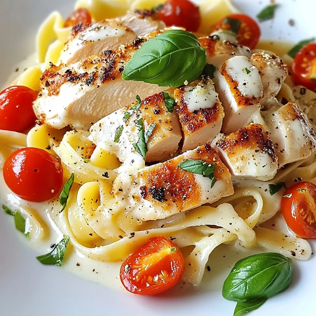 To make Marry Me Chicken Pasta, you need the following ingredients: - 2 boneless, skinless chicken breasts - 8 ounces of fettuccine pasta - 1 tablespoon olive oil - 3 cloves garlic, minced - 1 cup cherry tomatoes, halved - 1 cup heavy cream - 1 cup chicken broth - 1 teaspoon Italian seasoning - 1/2 cup grated Parmesan cheese - Salt and pepper to taste - Fresh basil leaves for garnish These ingredients create a creamy, delicious dish that is sure to impress. If you want to change things up, here are some easy swaps: - Chicken: Use shrimp or tofu for a different protein. - Pasta: Swap fettuccine for penne or spaghetti. - Cream: Use half-and-half for a lighter sauce. - Tomatoes: Canned diced tomatoes work well if fresh ones aren't available. - Cheese: Try mozzarella or feta instead of Parmesan for a new flavor. These alternatives keep the meal exciting while still tasting great. To prepare this dish, gather the right tools: - Large pot for boiling pasta - Large skillet for cooking chicken and sauce - Wooden spoon or spatula for stirring - Knife and cutting board for slicing ingredients - Measuring cups and spoons for accuracy Having these tools ready will make cooking smoother and more enjoyable. {{ingredient_image_1}} Start by boiling water in a large pot. Make sure to add salt to the water. Once the water is bubbling, toss in the fettuccine. Cook it for about 8-10 minutes. You want it al dente, so check the package for the exact time. When it's ready, drain the pasta in a colander. Set it aside for later. While the pasta cooks, take your chicken breasts. Season both sides with salt and pepper. Heat olive oil in a large skillet over medium-high heat. Place the chicken in the hot skillet. Cook it for 5-7 minutes on each side. The chicken should be golden brown and cooked through. Once done, remove it from the skillet and let it rest on a plate. In the same skillet, add minced garlic. Saut&eacute; it for about 30 seconds until it smells great. Next, add the halved cherry tomatoes. Cook them for 2-3 minutes to soften. Now, pour in the heavy cream and chicken broth. Add the Italian seasoning and stir well. Bring this to a gentle simmer. After a minute, add the cooked fettuccine to the skillet. Mix in grated Parmesan cheese until it melts. Taste and adjust with salt and pepper if needed. Slice the rested chicken into strips and serve it over the creamy pasta. Top with fresh basil for a nice touch. To make juicy chicken, start with fresh breasts. Use boneless and skinless for easy cooking. Season with salt and pepper before cooking. This adds flavor right from the start. Heat the olive oil in your skillet until it shimmers. Sear the chicken for 5-7 minutes on each side. Look for a golden-brown color. This means it&rsquo;s ready. Let the chicken rest for a few minutes before slicing. This keeps it moist. You can play with flavors to suit your taste. If you love garlic, add more minced garlic. For a kick, toss in some red pepper flakes. You can also switch the Italian seasoning for herbs like thyme or oregano. If you prefer tang, add a splash of lemon juice. For richer taste, use more Parmesan cheese. Always taste as you go. This helps you find the perfect balance. One common mistake is overcooking the chicken. This can make it dry and tough. Always check the doneness using a meat thermometer. It should read 165&deg;F. Another mistake is not seasoning enough. Don't skip the salt and pepper; they make a big difference. Lastly, don't rush the sauce. Let it simmer to blend the flavors well. If you skip this, the dish may taste flat. Pro Tips Fresh Ingredients: Always use fresh garlic and ripe cherry tomatoes for the best flavor in your sauce. Perfectly Cooked Chicken: Ensure the chicken is cooked to an internal temperature of 165&deg;F (75&deg;C) for safety and juiciness. Save Some Pasta Water: Before draining the pasta, reserve a cup of the cooking water to adjust the sauce's consistency if needed. Garnish for Flavor: Fresh basil not only adds color but also enhances the overall flavor profile of the dish. {{image_2}} Adding vegetables to your Marry Me Chicken Pasta boosts nutrition. You can use spinach, broccoli, or bell peppers. They add color and taste. Simply saut&eacute; them with the garlic before adding the cream and broth. This way, they soak up the flavors while cooking. While fettuccine is classic, you can use other pasta types. Penne, farfalle, or even whole wheat pasta work great. Each type gives a different texture and taste to the dish. Choose what you like best or what you have at home. For a twist, try different proteins. Shrimp or salmon can replace chicken. They cook quickly and add a nice seafood flavor. If you want a vegetarian option, use chickpeas or tofu. Both provide protein and keep the meal hearty. To keep your Marry Me Chicken Pasta fresh, let it cool first. Then, place it in an airtight container. You can store it in the fridge for up to three days. Always label the container with the date so you know how long it lasts. When you're ready to eat the leftovers, you can reheat them easily. Use a microwave-safe dish and cover it with a lid or wrap. Heat it in short bursts, about one minute at a time. Stir in between to heat evenly. If it's too thick, add a splash of chicken broth or cream to loosen it up. If you want to save the dish for later, freezing is a great choice. Portion the pasta and chicken into freezer-safe bags. Try to remove as much air as possible before sealing. You can freeze it for up to three months. To use, thaw it in the fridge overnight and reheat as mentioned above. Marry Me Chicken Pasta is a creamy and savory dish. It features chicken breasts, fettuccine, and a rich sauce made with heavy cream and tomatoes. The name hints at its deliciousness, making it a favorite for special dates or dinner parties. You cook the chicken, then make a sauce with garlic, cream, and broth. Finally, you combine everything for a tasty meal. Yes, you can make Marry Me Chicken Pasta in advance! Cook the fettuccine and chicken ahead of time. Store them separately in the fridge. When ready to eat, reheat the pasta and sauce. Add the sliced chicken just before serving to keep it fresh. This makes it easy for busy nights or meal prep. Several sides go well with Marry Me Chicken Pasta. Here are some ideas: - Garlic Bread: A warm, crusty loaf is perfect to soak up the sauce. - Caesar Salad: Crisp romaine and tangy dressing add a fresh touch. - Steamed Veggies: Broccoli or green beans offer a healthy balance. - Roasted Asparagus: This side adds a nice crunch and flavor. These sides enhance the meal and make it even more enjoyable. We discussed the key parts of making Marry Me Chicken Pasta. You learned about the full ingredient list and useful tools. I shared step-by-step cooking tips for perfect pasta and chicken. You now have ideas for adding veggies and changing proteins. We also talked about how to store leftovers and common questions. With this knowledge, you can create a delicious meal. Enjoy your cooking!